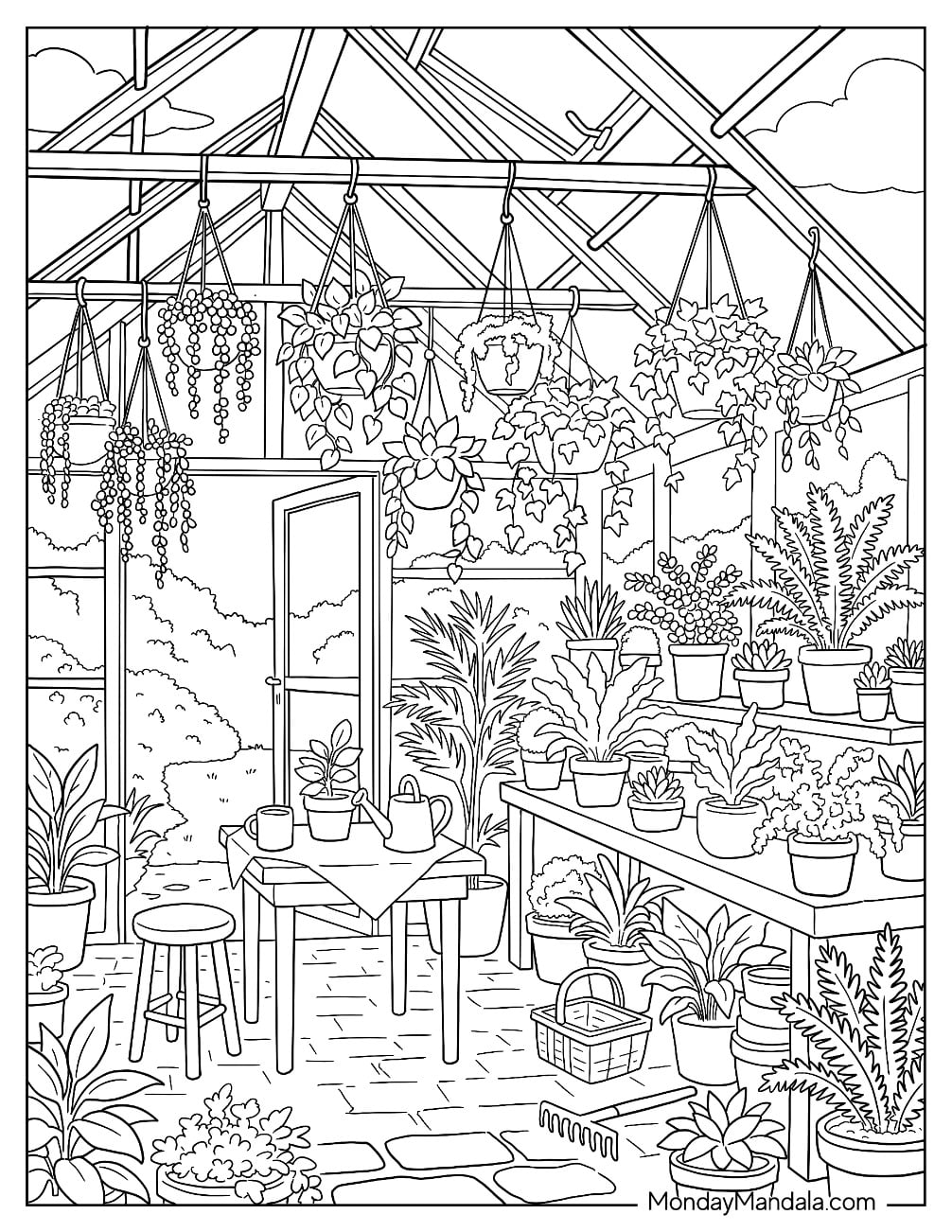 Greenhouse Garden with Hanging Plants, Potted Flowers, and Tables Coloring Sheet
