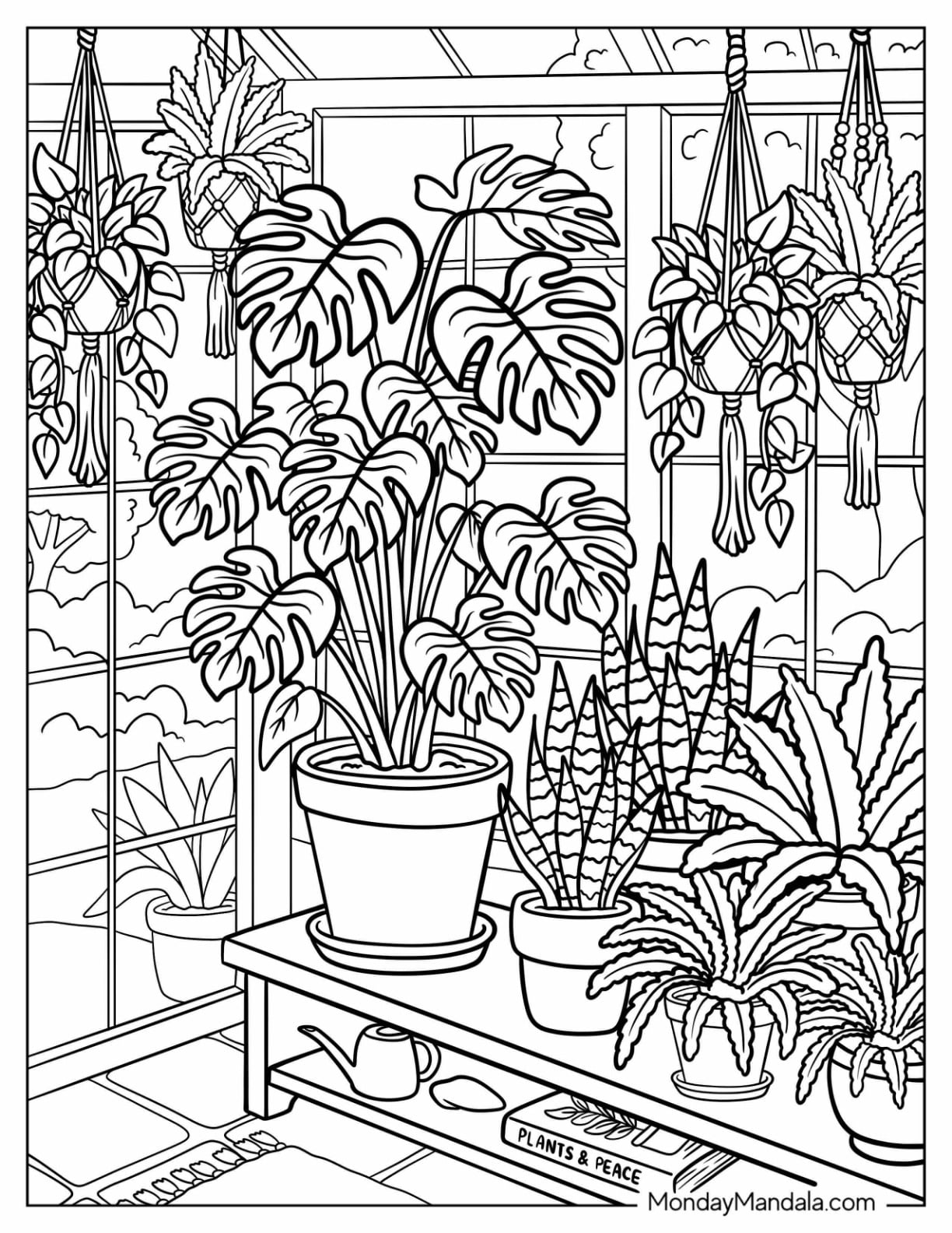 Greenhouse with Beautiful House Plants Coloring Page for Adults