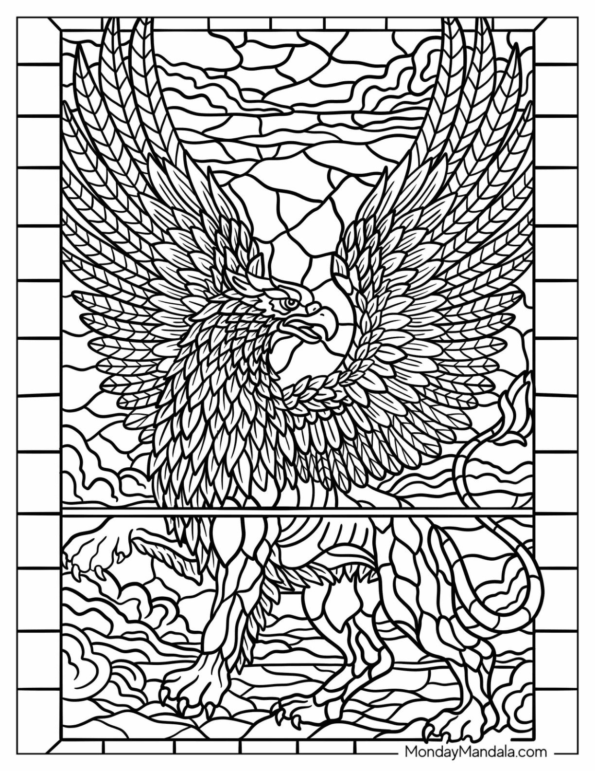 Griffin Coloring Page Posed with Wings Open in Stained Glass