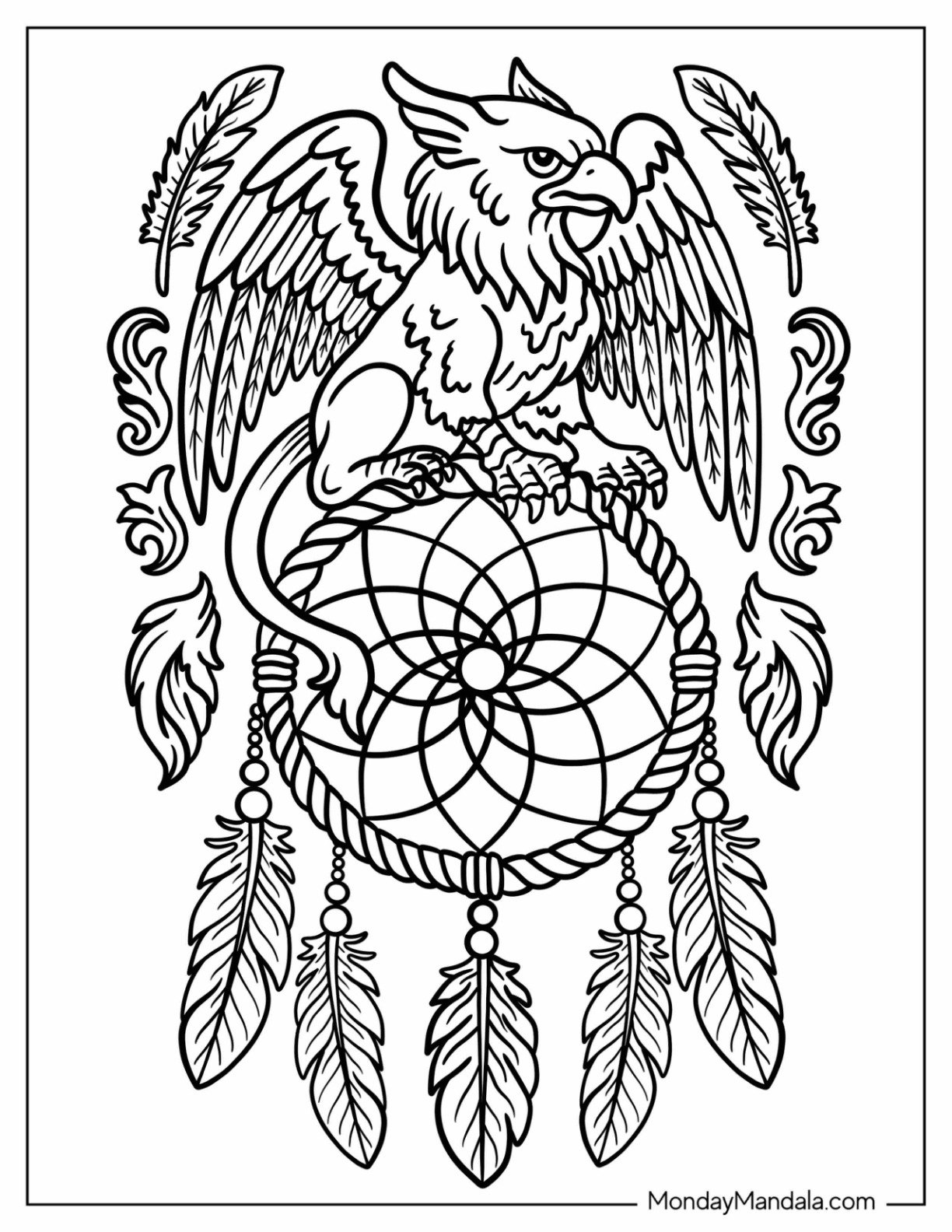 Griffin Coloring Page Sitting on Dreamcatcher with Feathers and Tribal Symbols