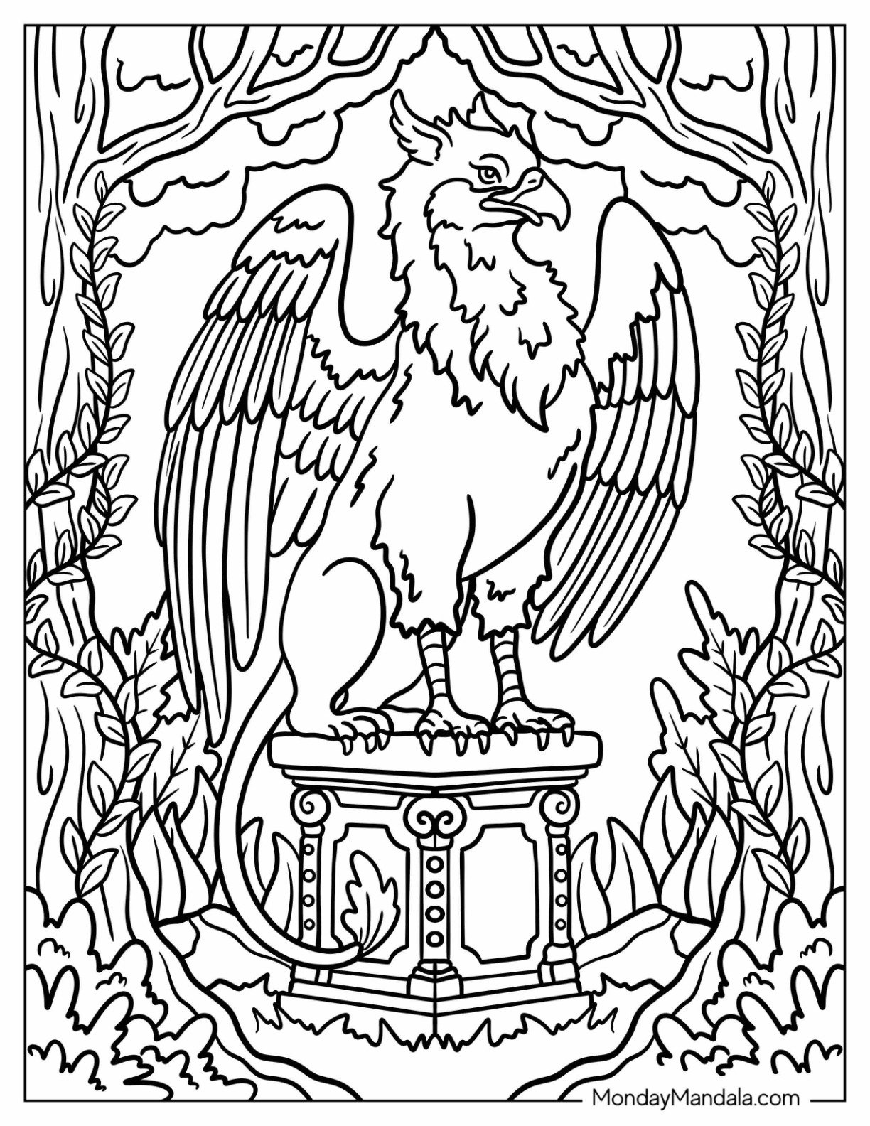Griffin Coloring Page Sitting on Stone Pedestal Surrounded by Forest Trees