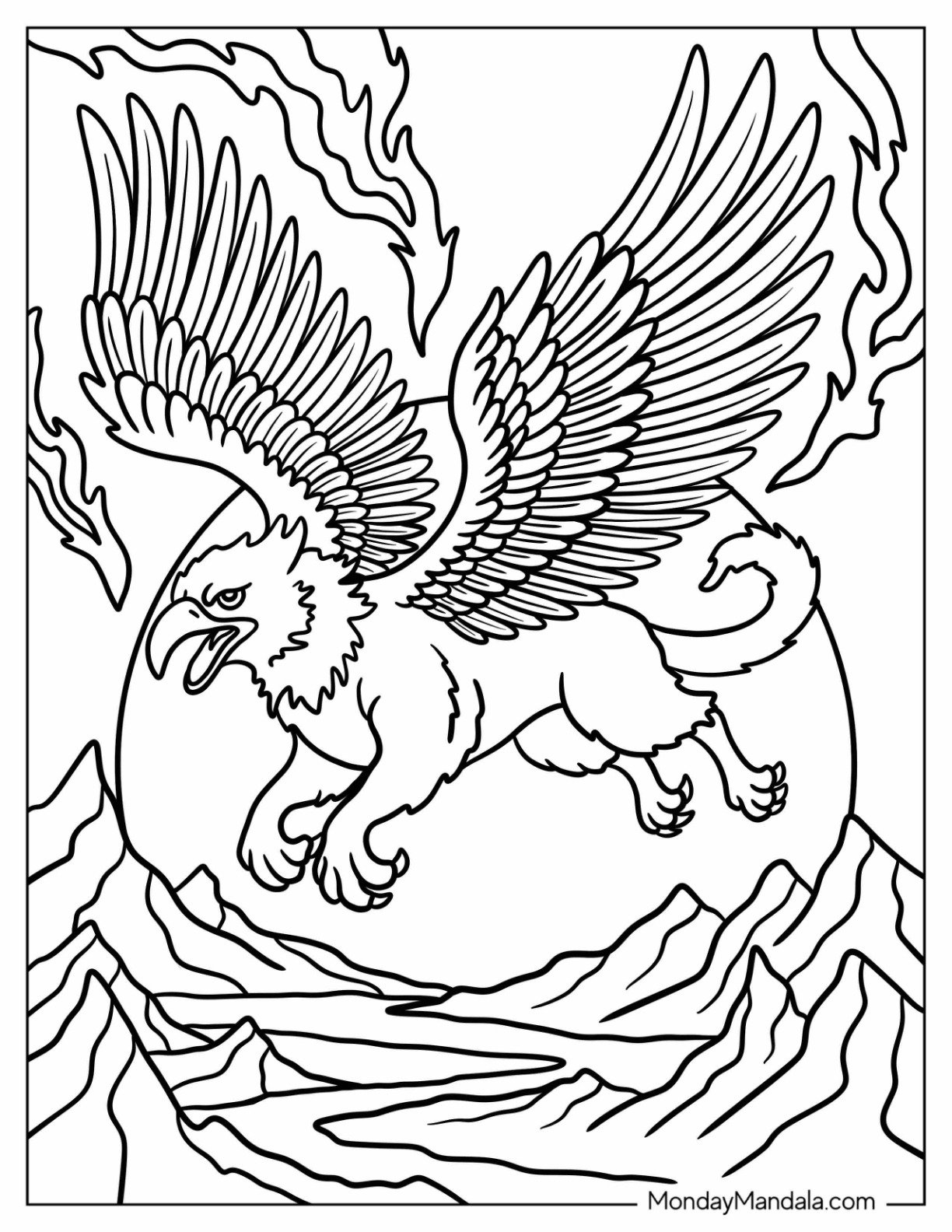 Griffin Coloring Page in Flight with Large Wings and Flames for Kids