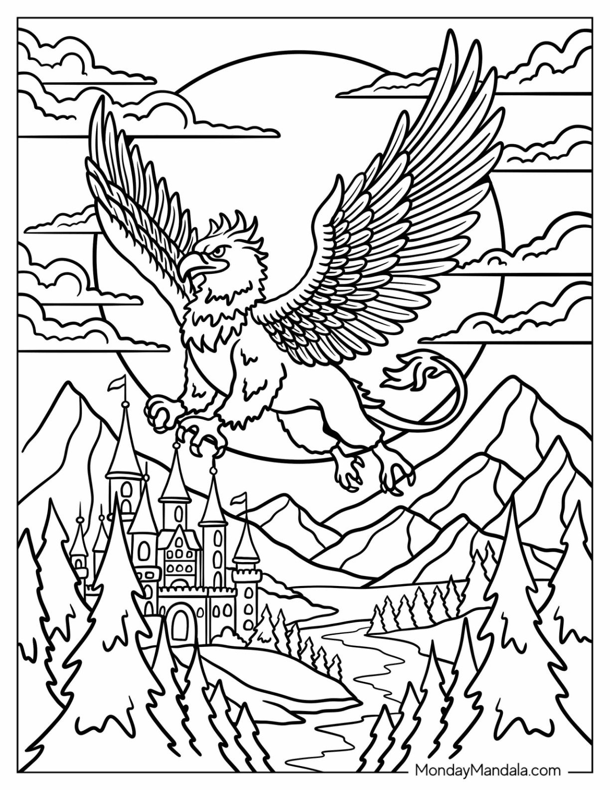 Griffin Coloring Page with Wings Spread Flying Over River, Castle, and Mountains