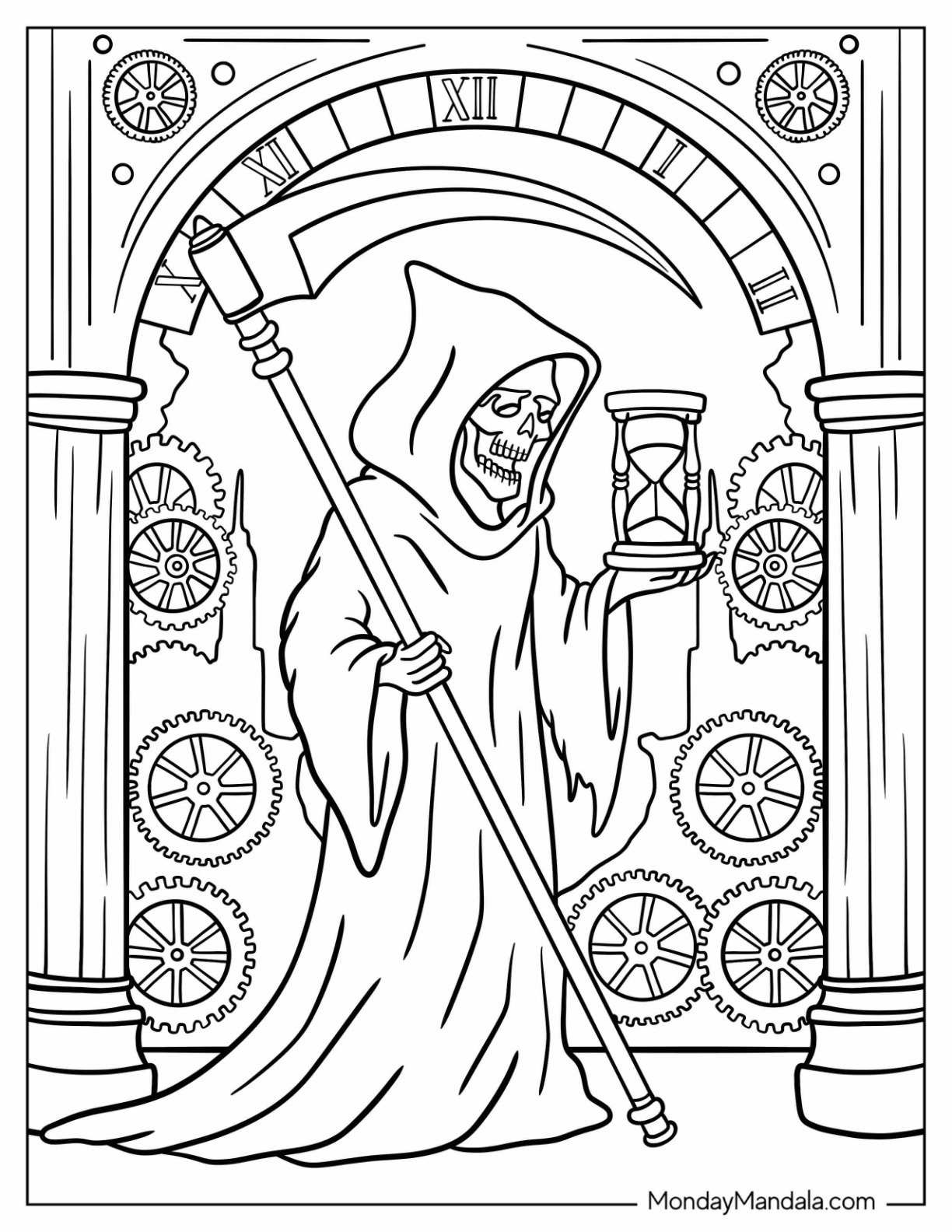 Grim Reaper Coloring Page Holding Hourglass Inside Clocktower