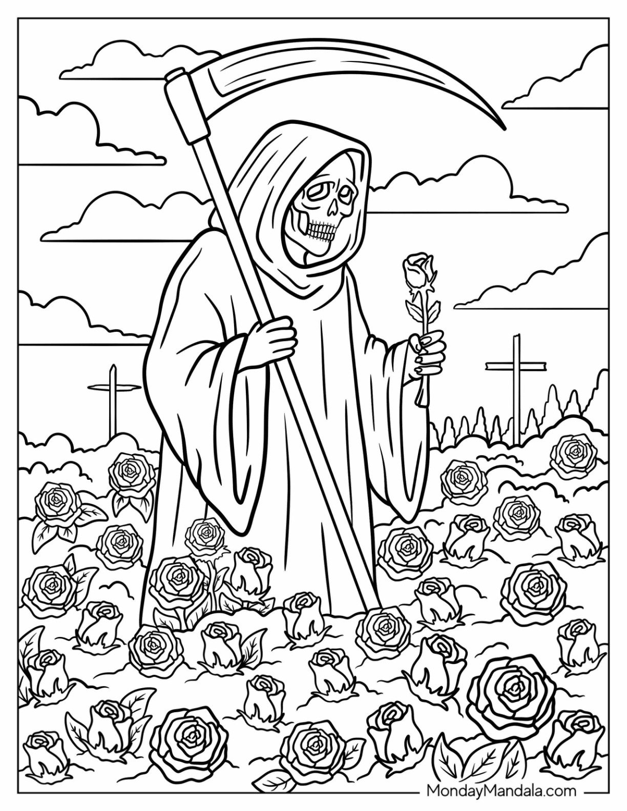 Grim Reaper Coloring Page Holding a Rose in Field of Flowers and Crosses