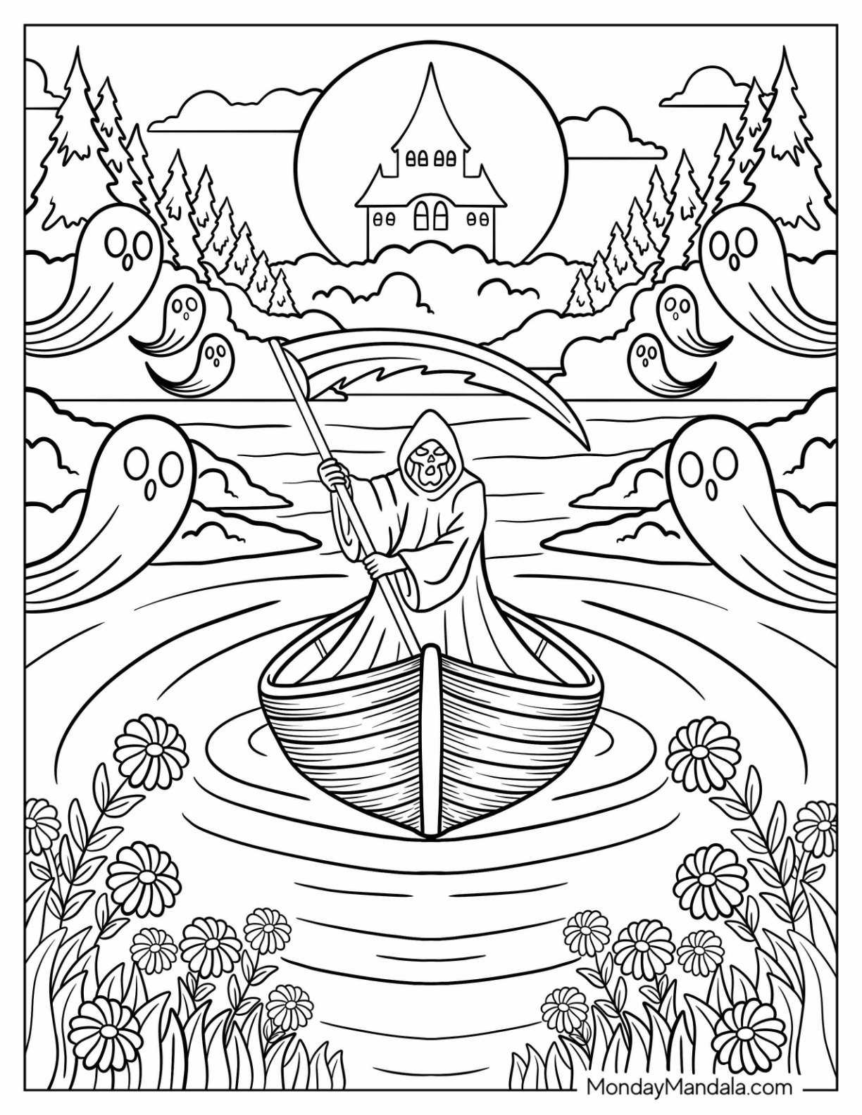Grim Reaper Coloring Page Holding a Scythe in a Boat with Ghosts Floating Around