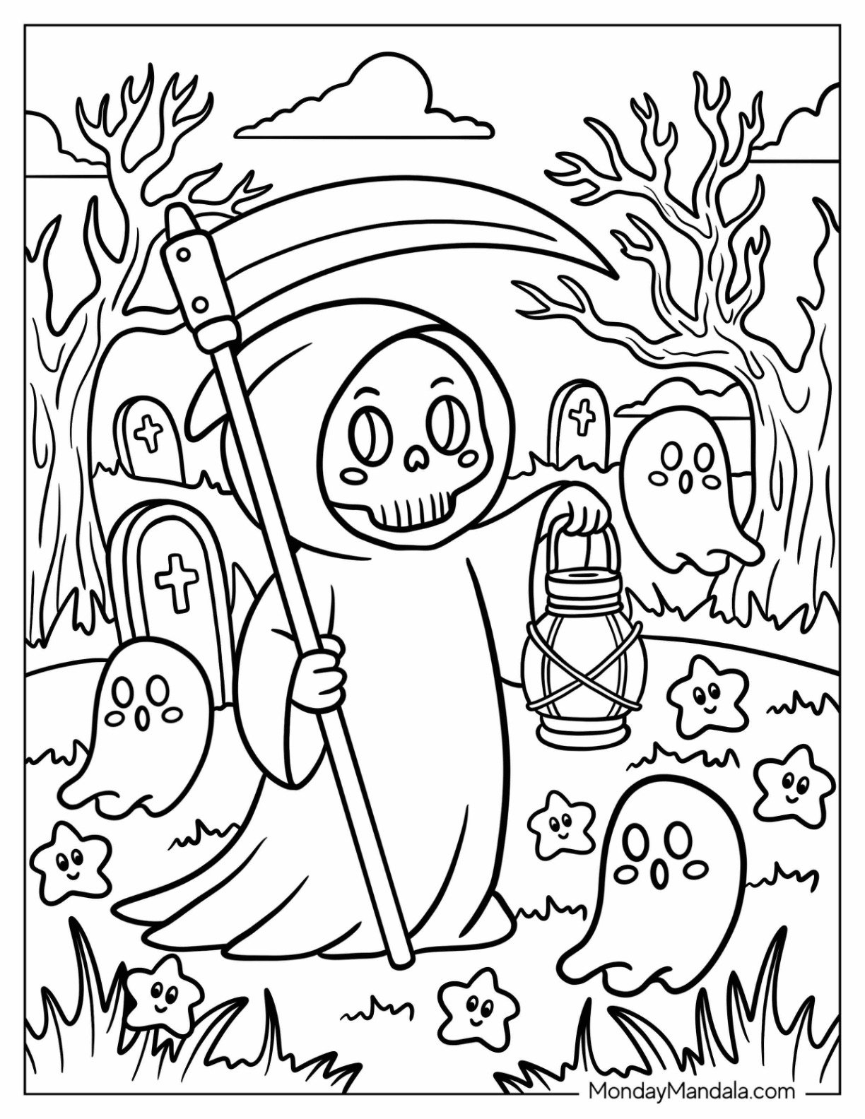 Grim Reaper Coloring Page Strolling in Graveyard with Cute Ghosts