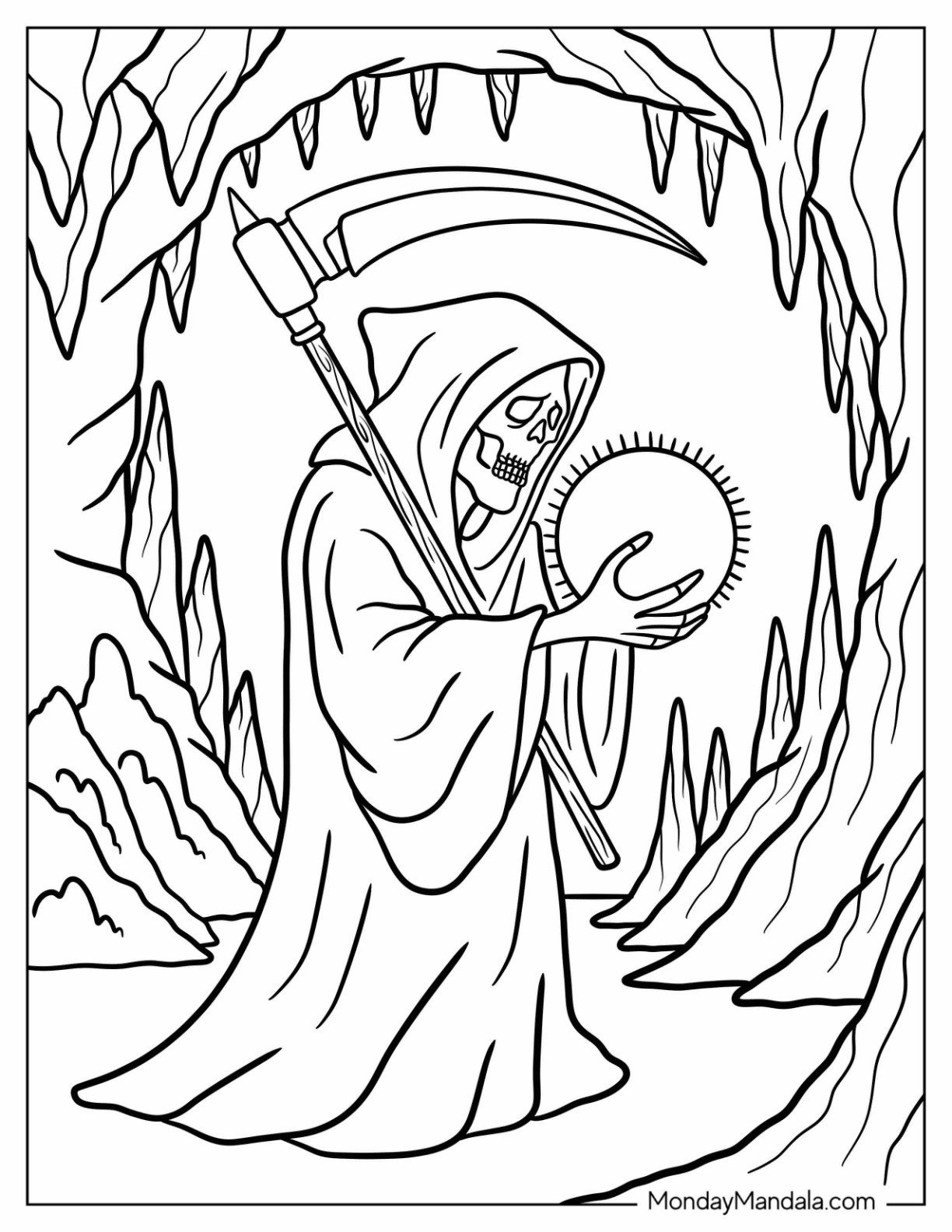Grim Reaper Coloring Page in a Cave Holding a Glowing Orb
