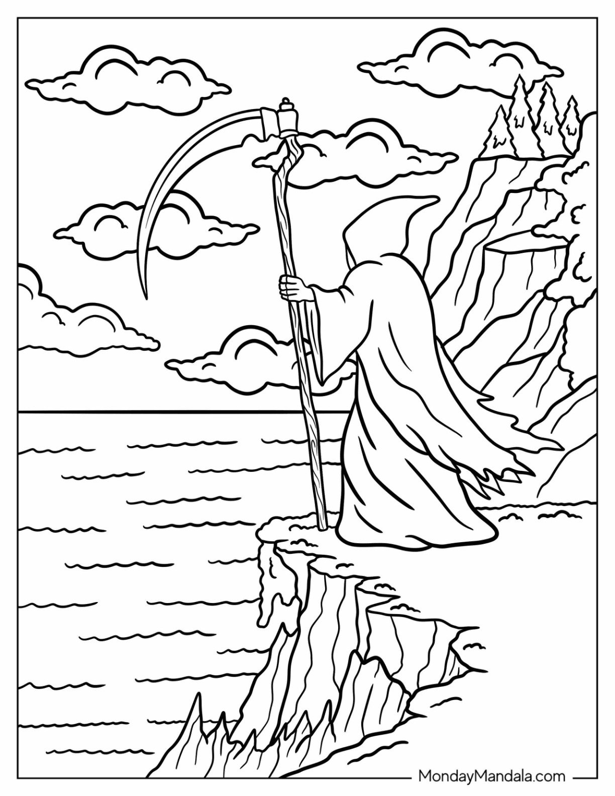Grim Reaper Coloring Page with Scythe Looking Over a Cliff
