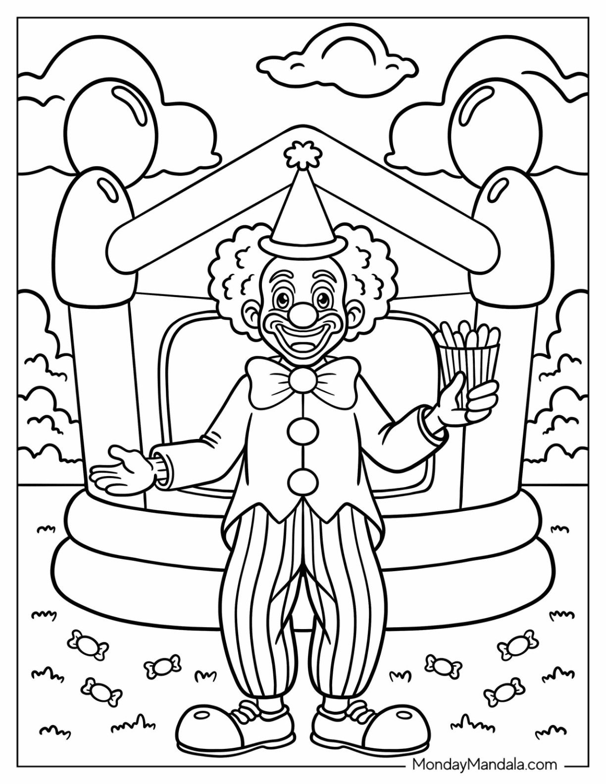 Grinning Clown Coloring Page With Striped Pants Holding A Snack