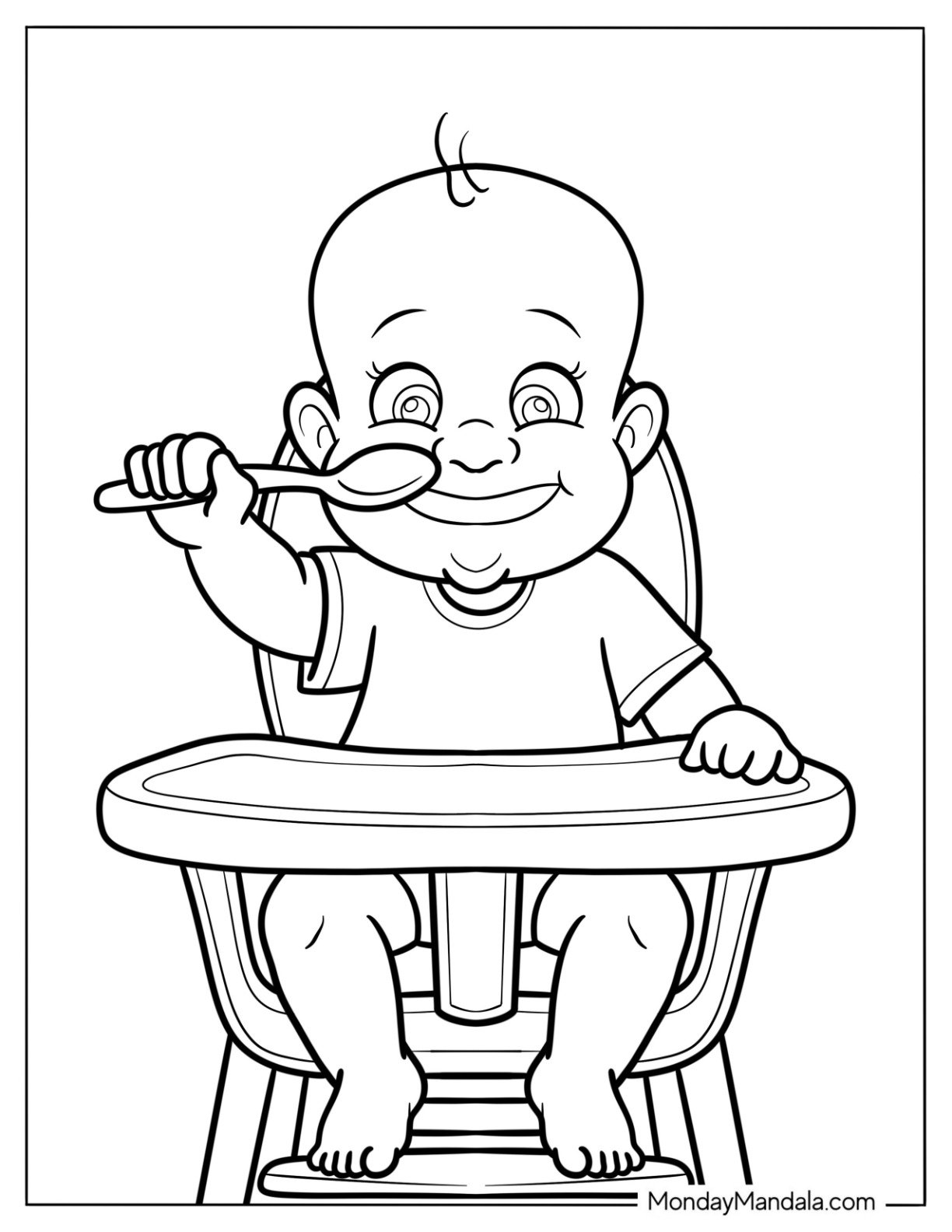 Baby Coloring Page Of Grinning Toddler Holding A Spoon