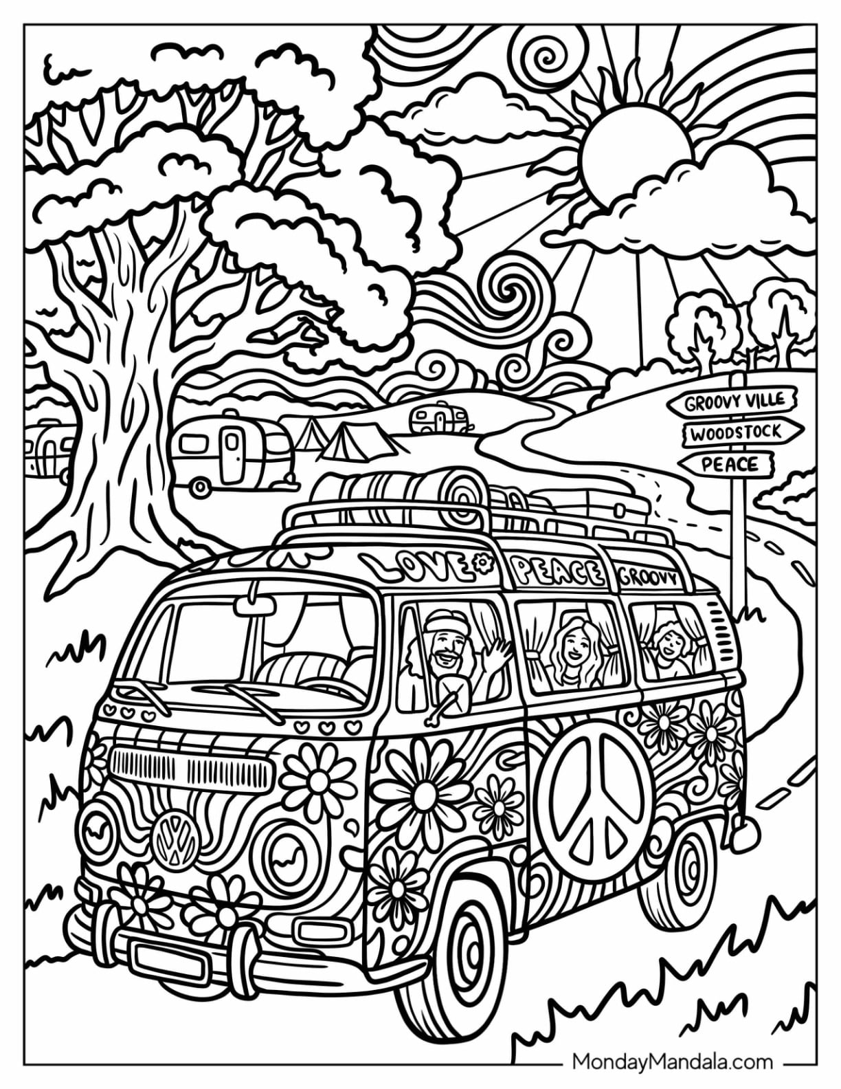 Groovy Peace Van Driving to Woodstock Coloring Page
