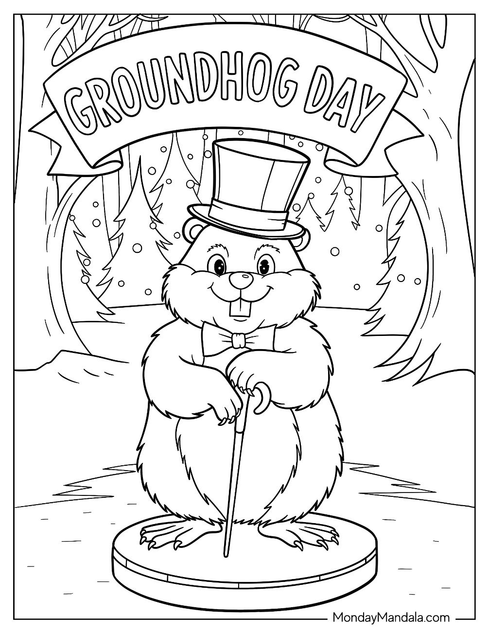 Groundhog Day Coloring Page Of Banner Above A Woodchuck With A Top Hat, Bowtie, And Cane