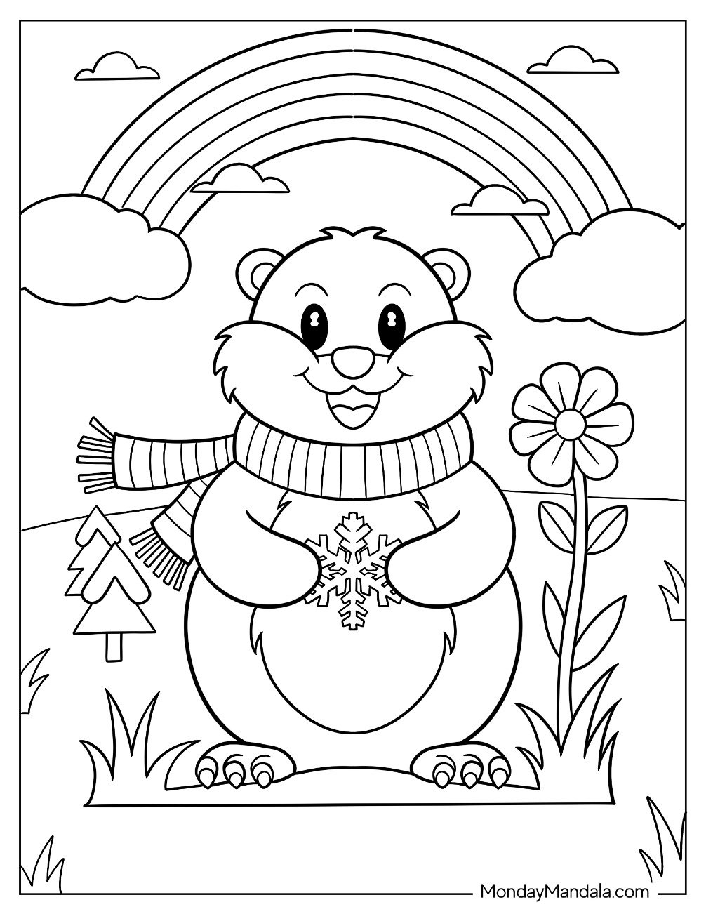 Groundhog Day Coloring Page Of Woodchuck Holding A Snowflake For Kids