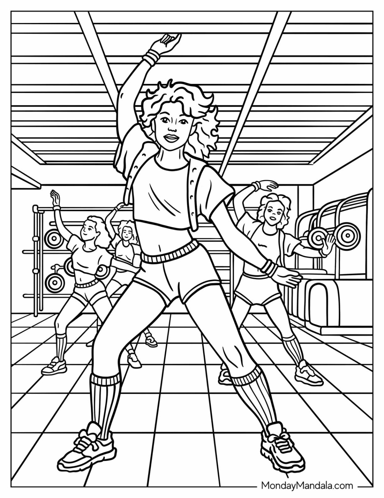 Group Aerobics Session with Classic 80's Coloring Page Fitness Fashion