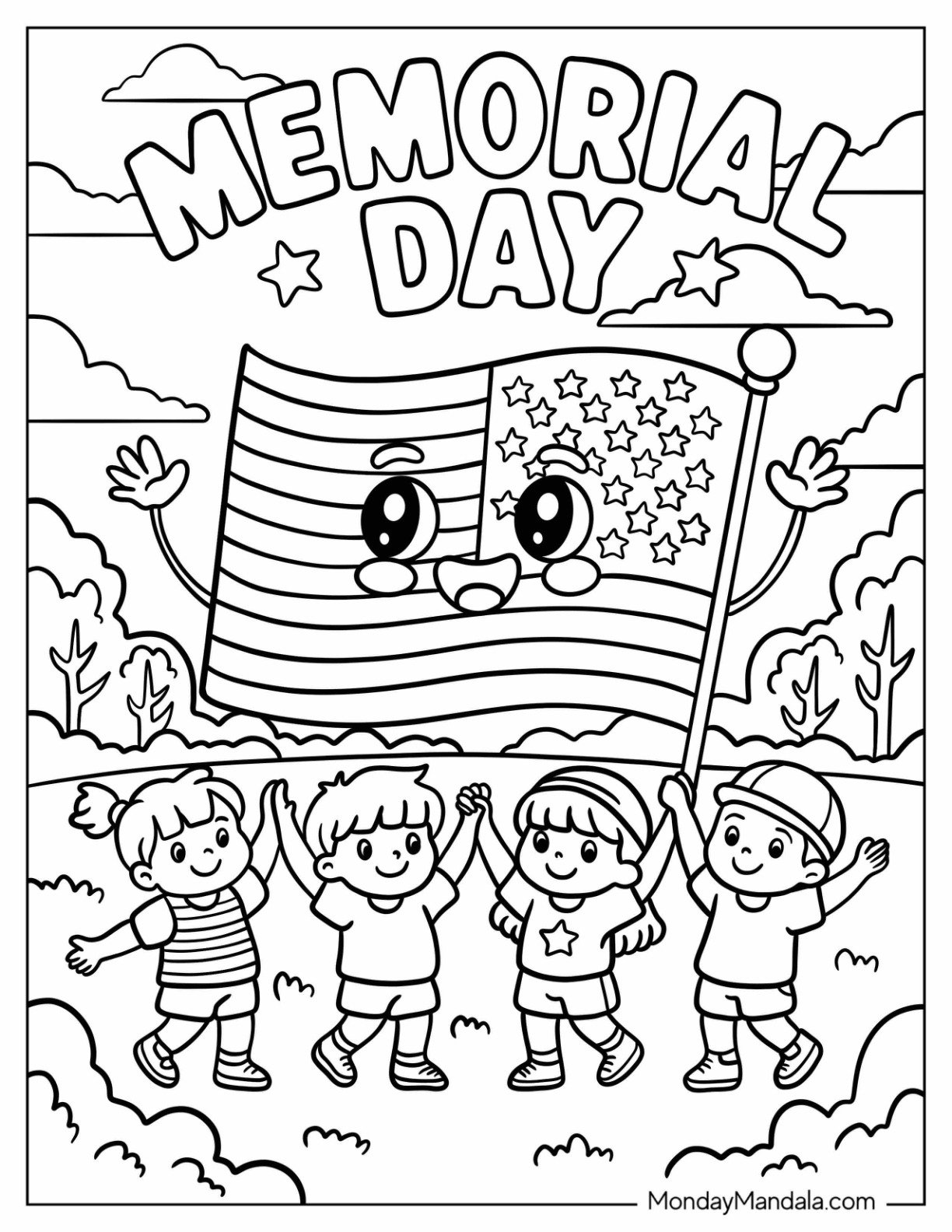 Memorial Day Coloring Page of Group of Children Holding Hands Beneath Smiling American Flag and Text for Kids