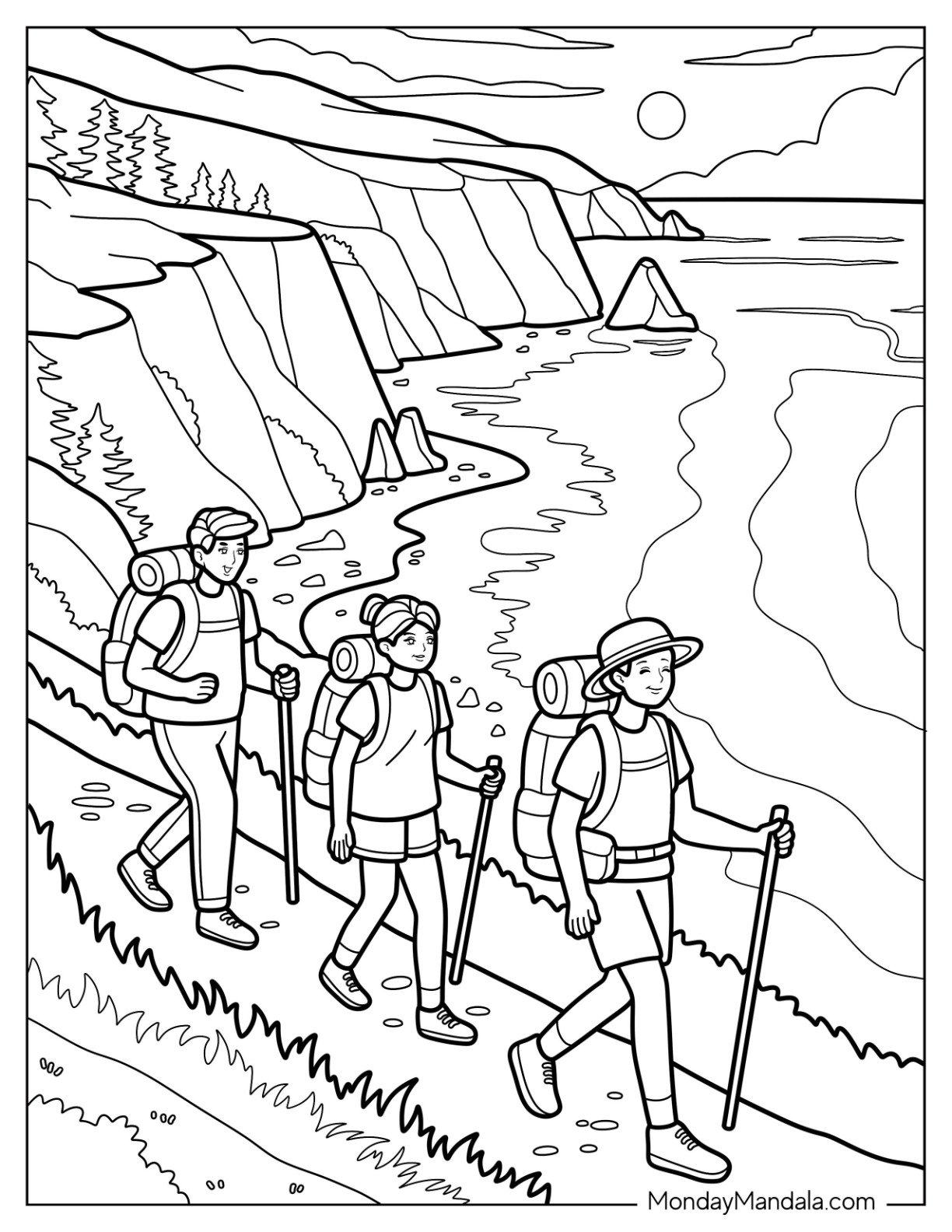 Camping & Hiking Coloring Page of Group of Hikers Exploring Coastal Trail at Sunset