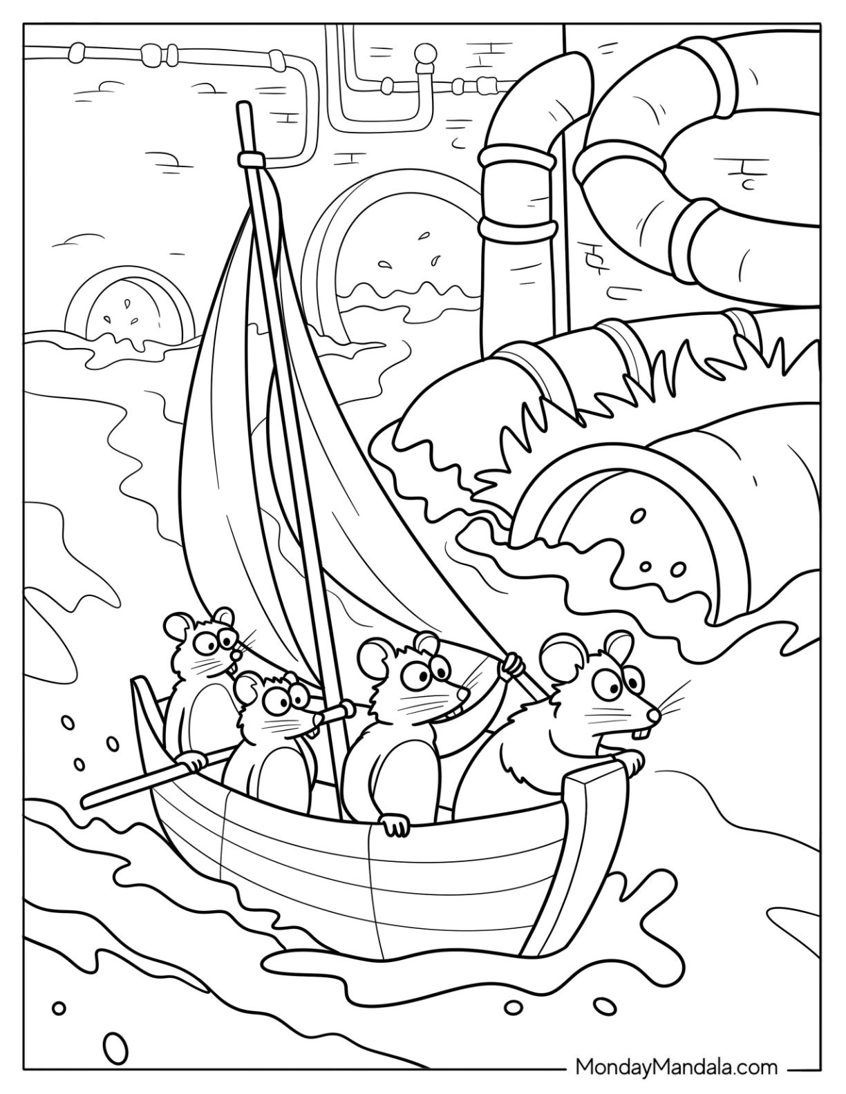 Group of Rat Coloring Page Sailing a Boat Through a Sewer Tunnel for Kids