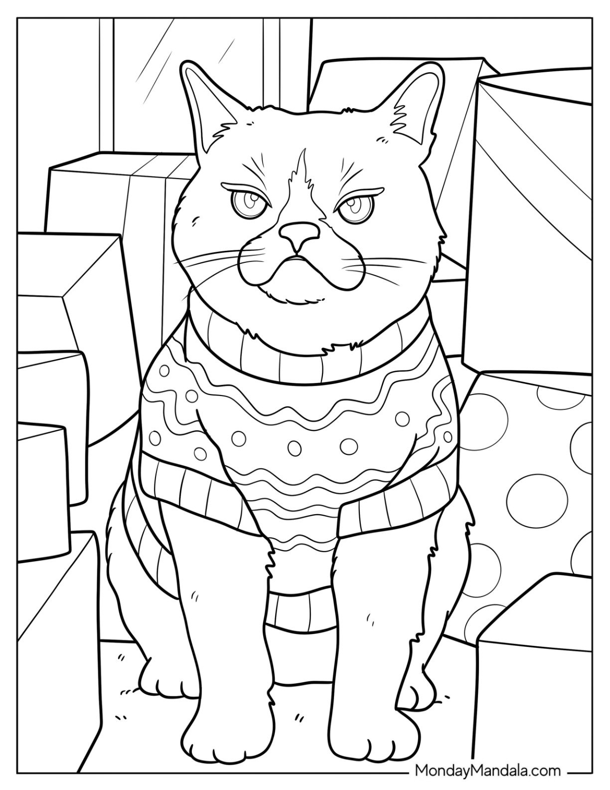 Grumpy Cat Coloring Page in Festive Sweater Sitting Among Christmas Presents Coloring Page