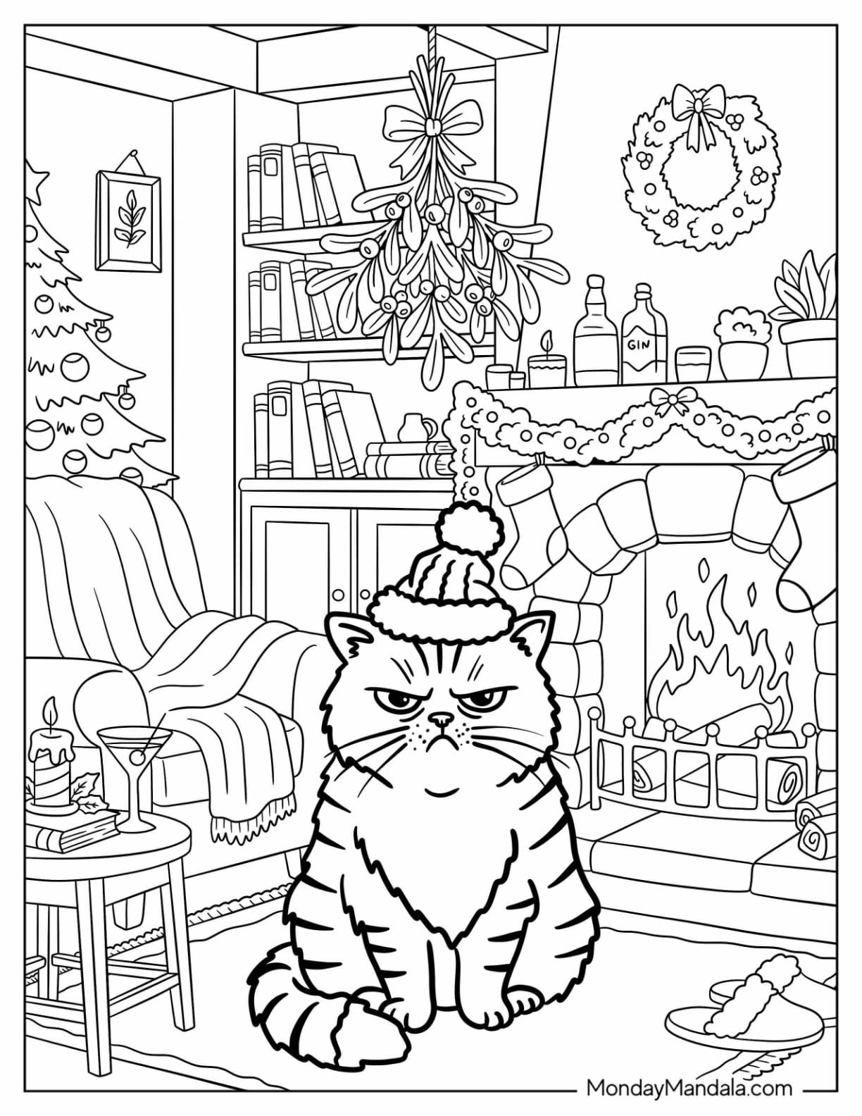 Grumpy Christmas Cat Wearing a Santa Hat by the Fireplace Christmas for Adults Coloring Page