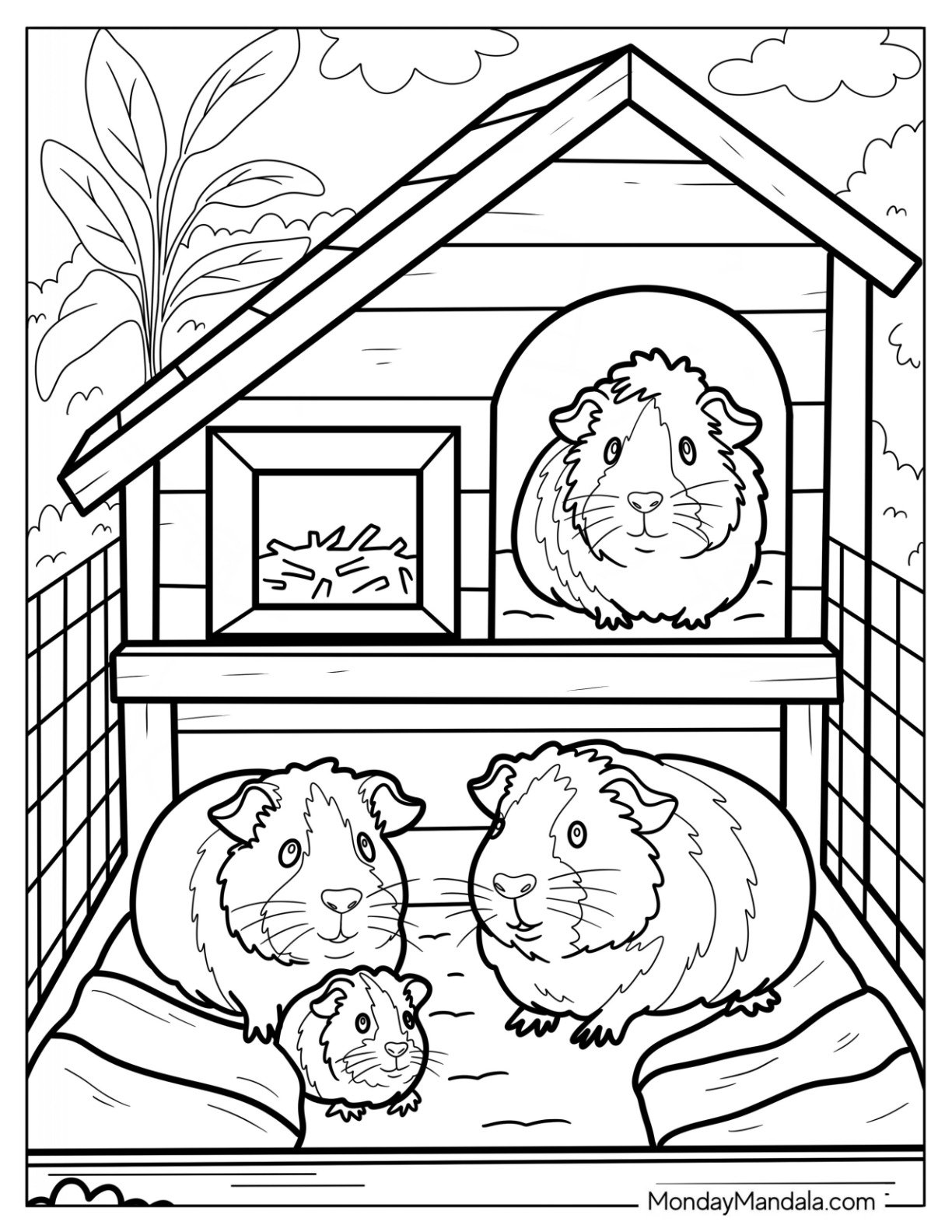 Guinea Pig Coloring Page Family Relaxing Inside a Wooden Hutch with Bedding and Nesting Hay