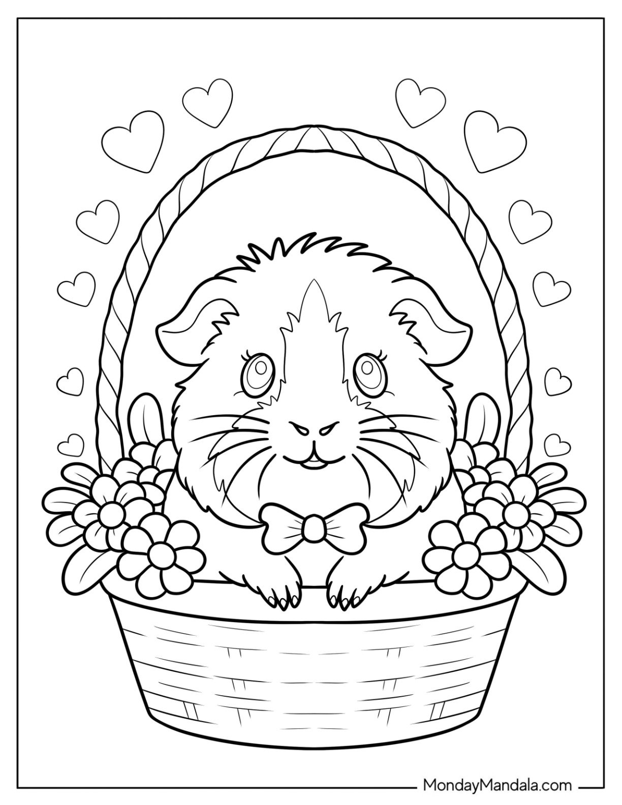Guinea Pig Coloring Page Sitting Sweetly in a Flower Basket with Hearts for Kids