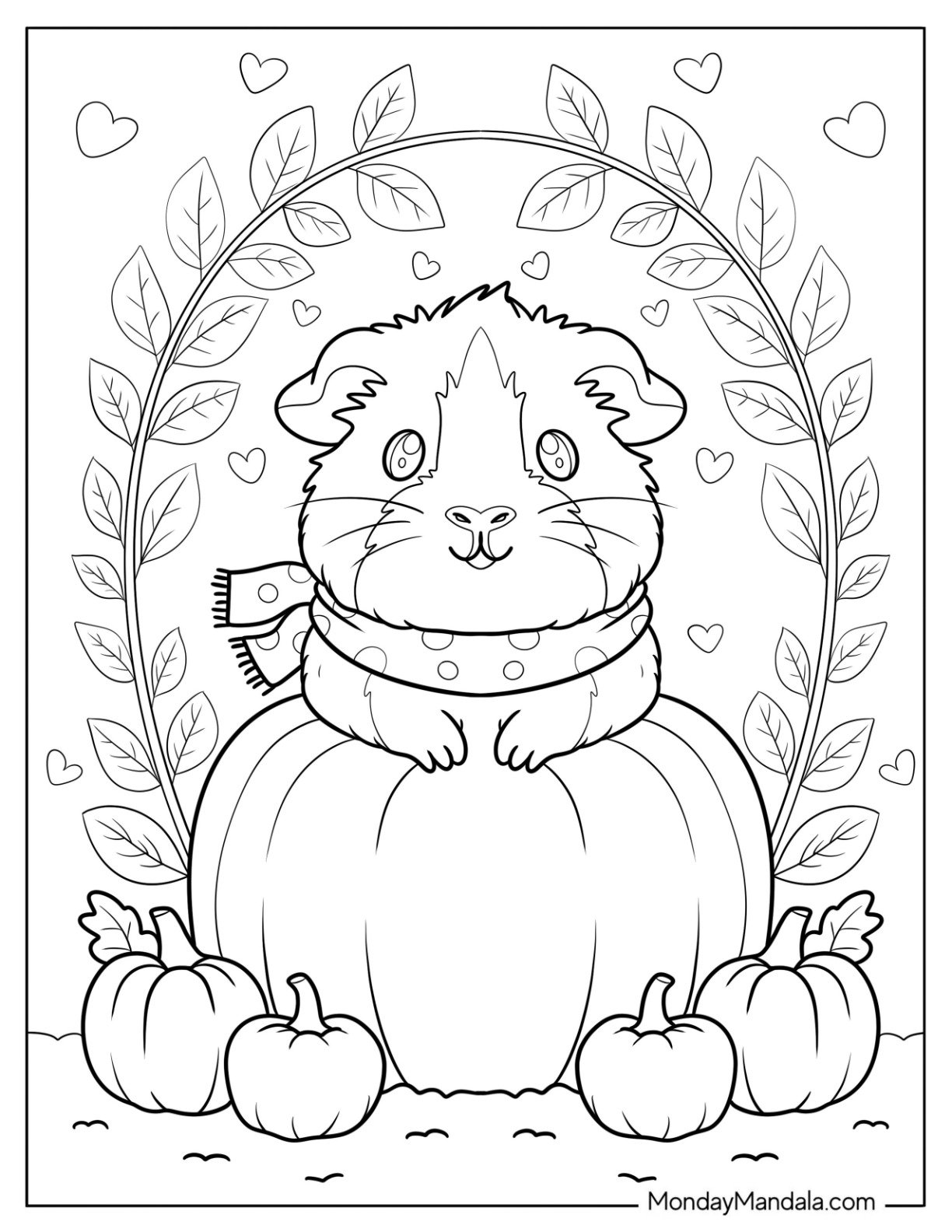 Guinea Pig Coloring Page Sitting on a Pumpkin with Scarf