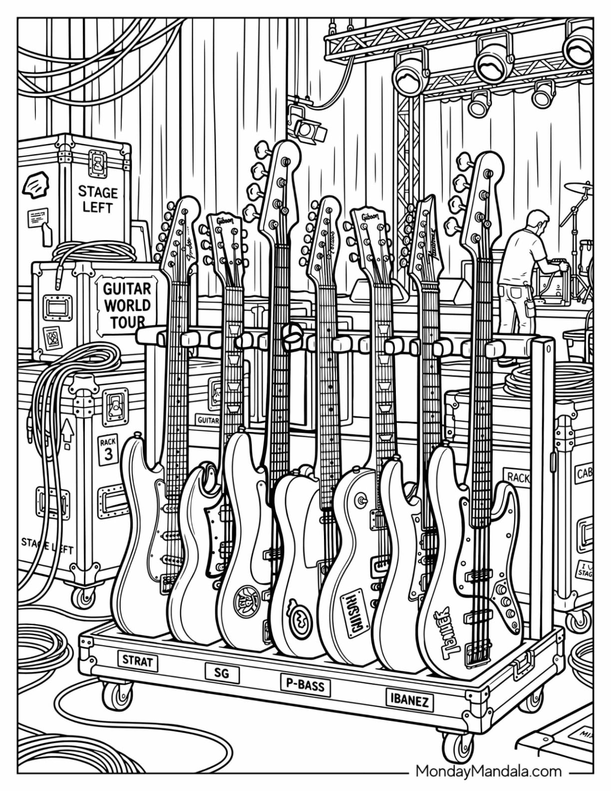 Guitar Stand with Multiple Electric Guitars Coloring Page