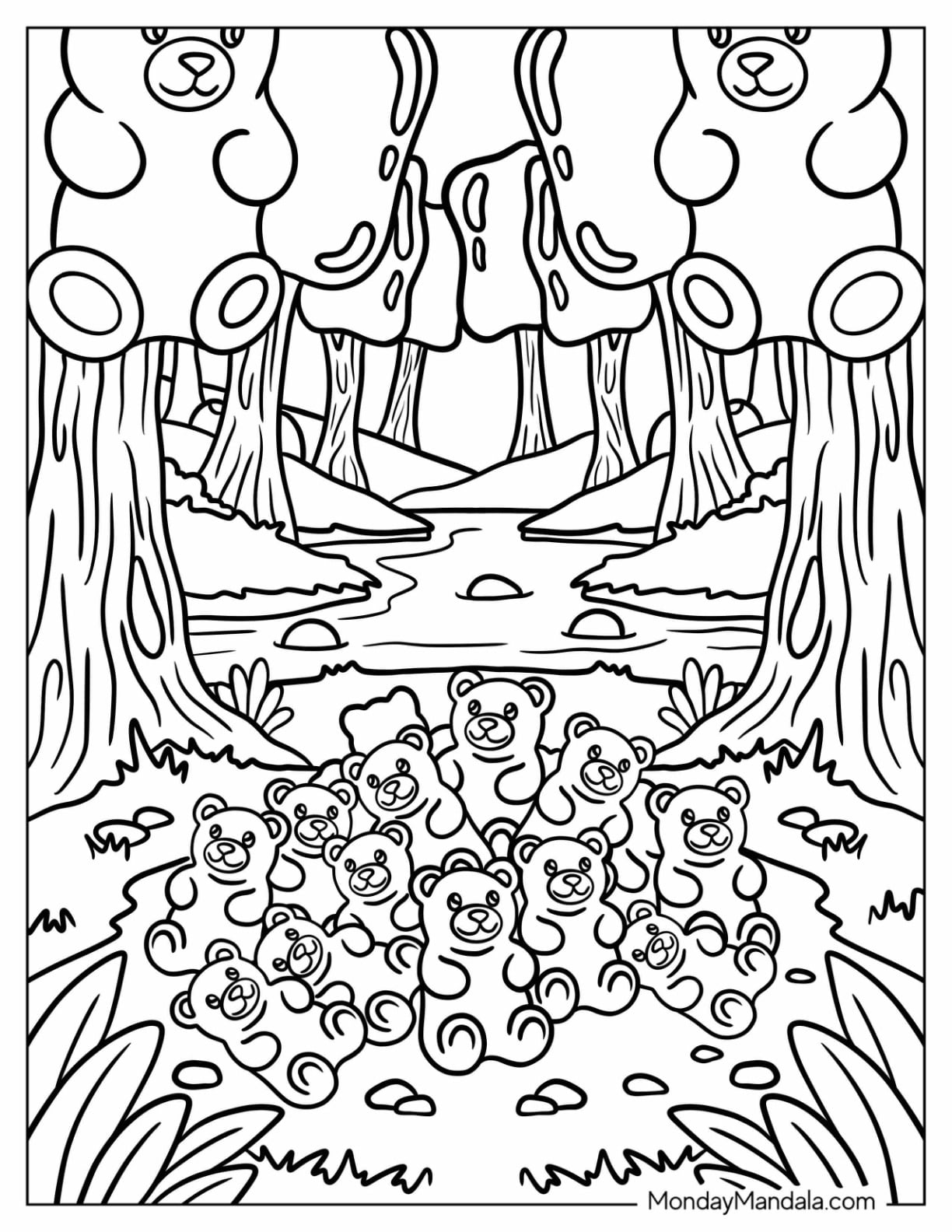 Candy Coloring Page of Gummy Bear Forest Under Candy Trees