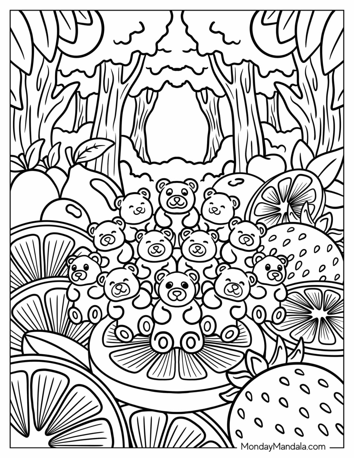 Candy Coloring Page of Gummy Bears in Candy Forest