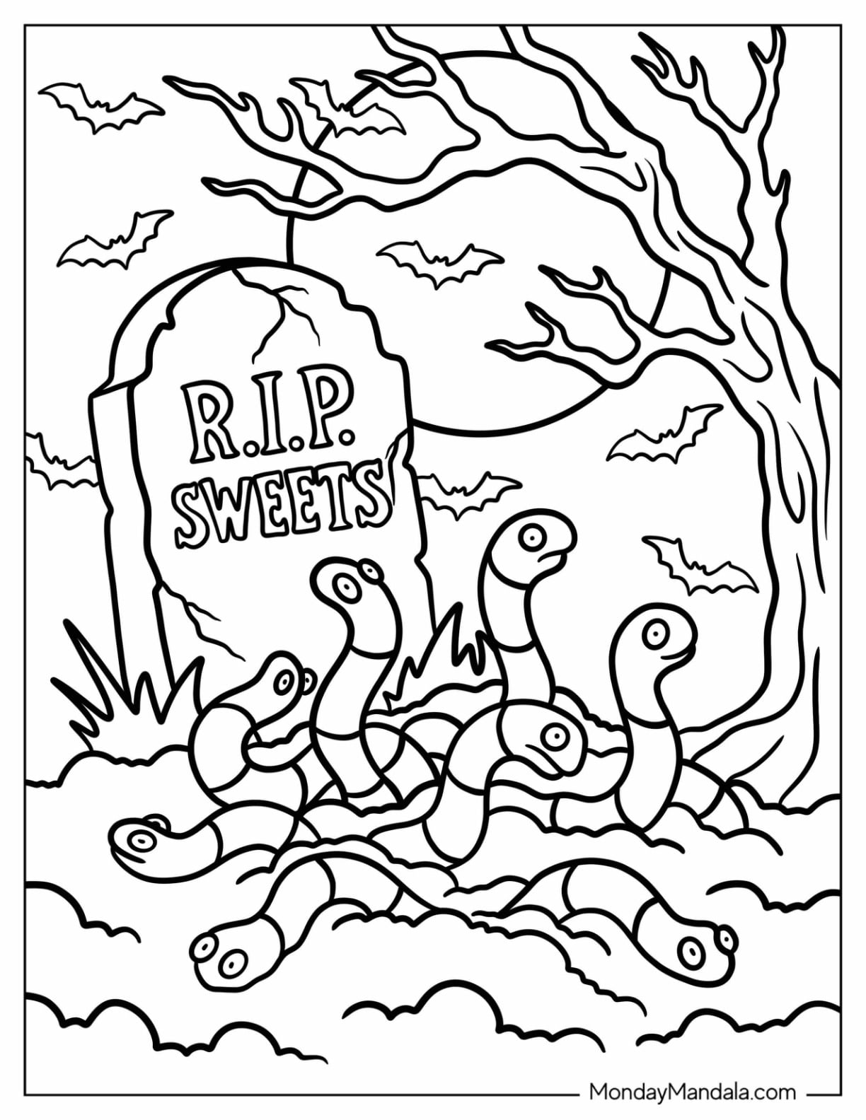 Candy Coloring Page of Gummy Worms Rising From The Grave