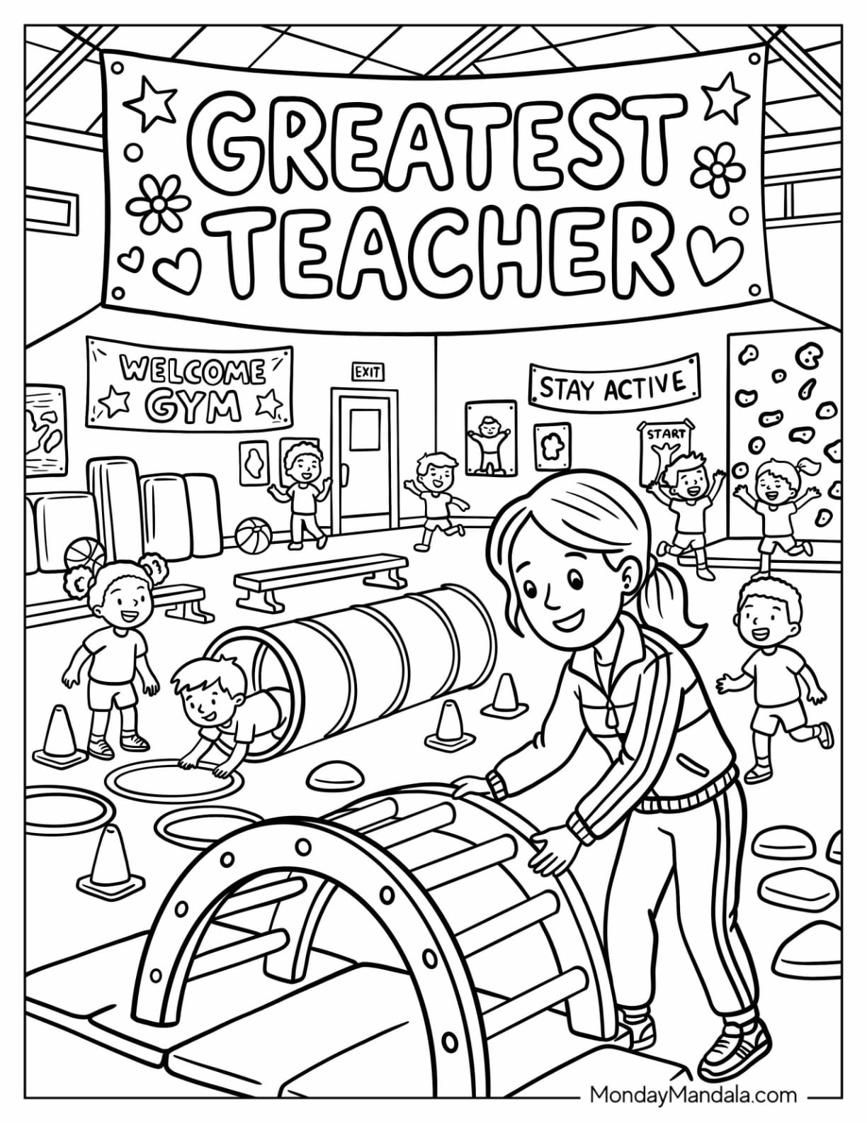 Gym Teacher Coloring Page Setting Up Obstacle Course for Children