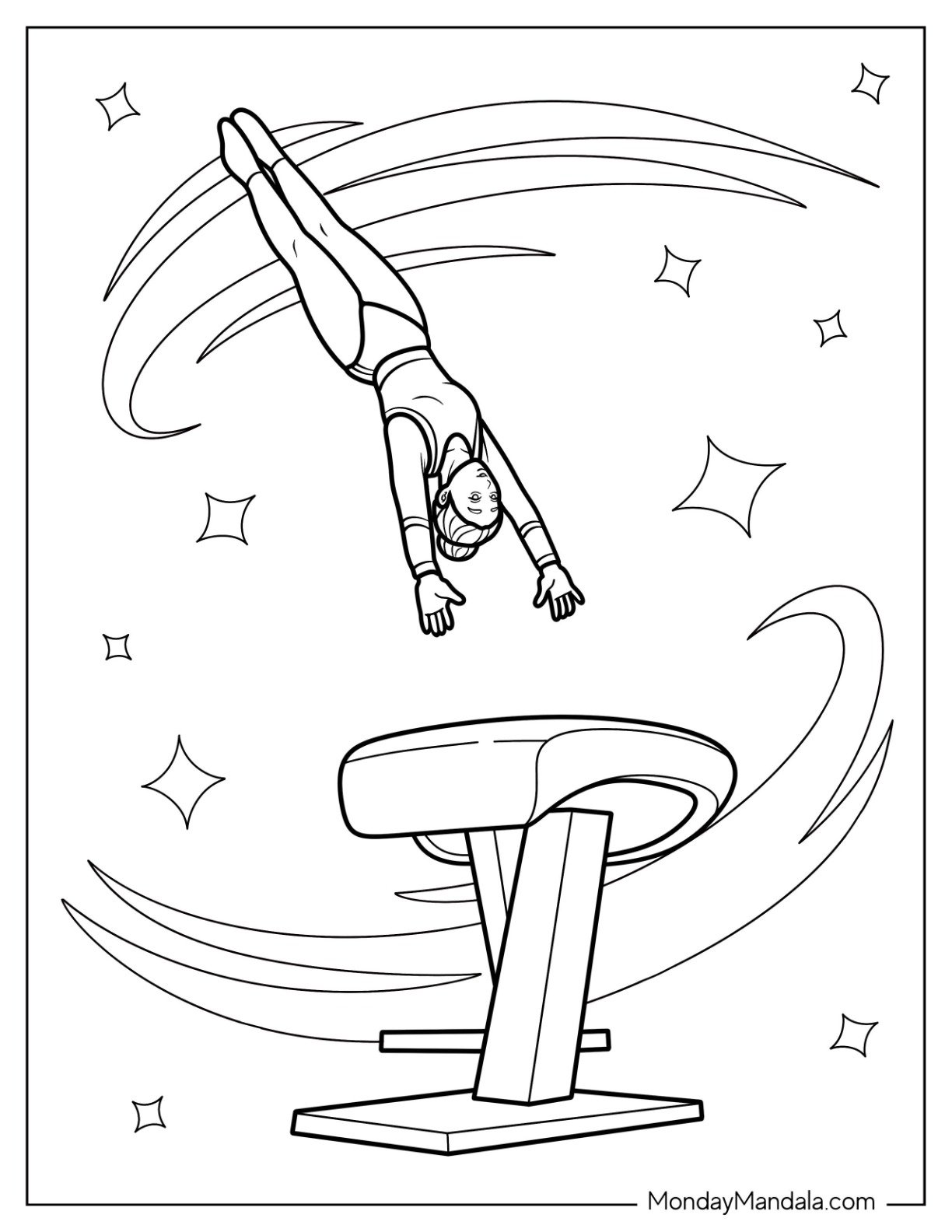 Gymnastics Coloring Page of Gymnast Soaring Through the Air in a Dazzling Vault Routine