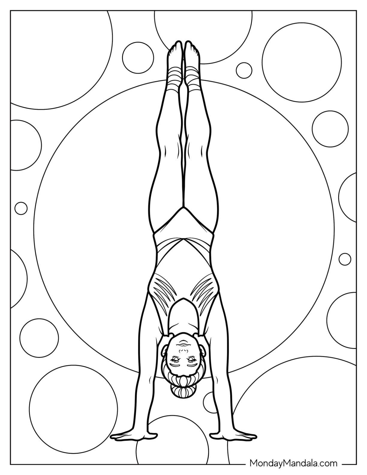Gymnastics Coloring Page of Gymnast Upside Down in Handstand Pose with Retro Bubble Background