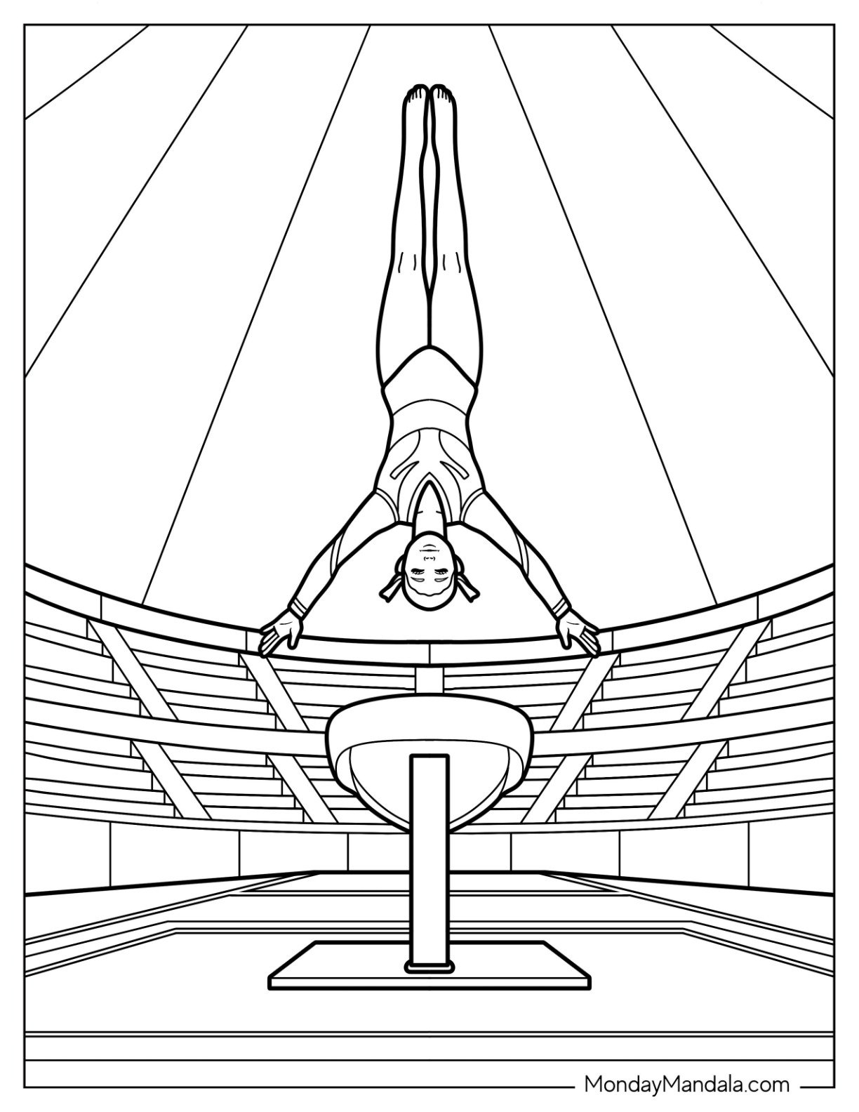 Gymnastics Coloring Page of Gymnast in Handstand Pose on Vault Table in Stadium Arena