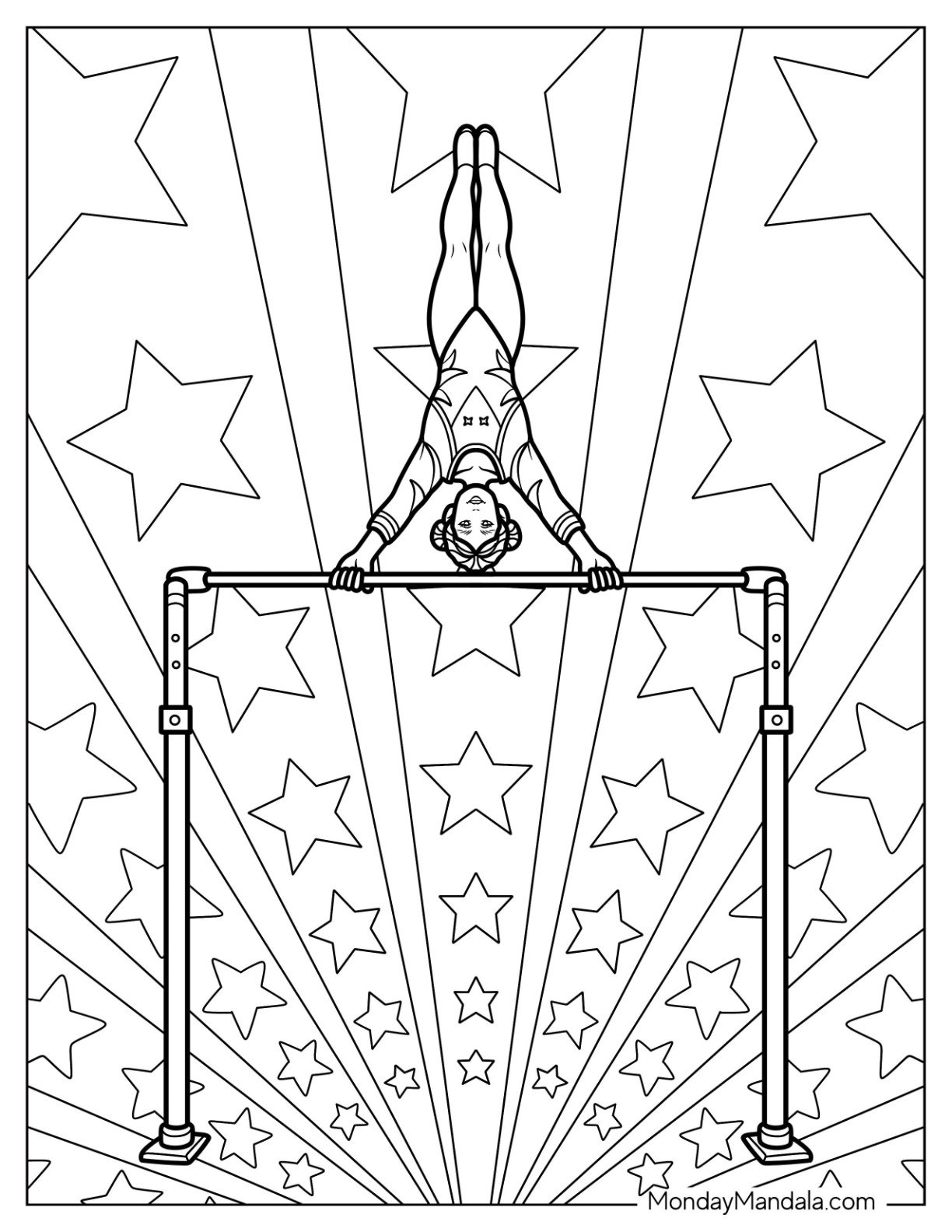 Gymnastics Coloring Page of Gymnast in Handstand on Bars with Starburst Background