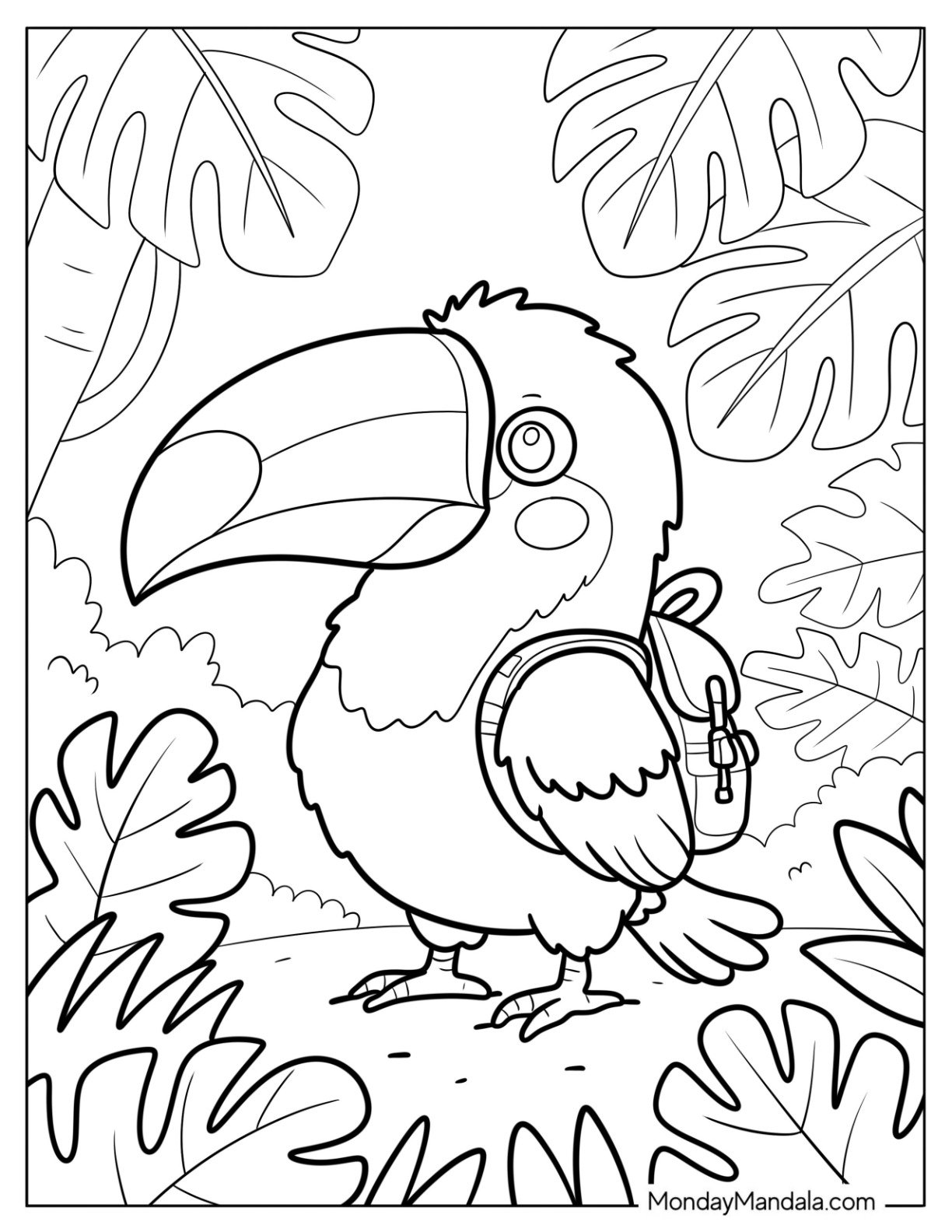 HIking Toucan Coloring Page with Backpack in the Jungle  for Kids