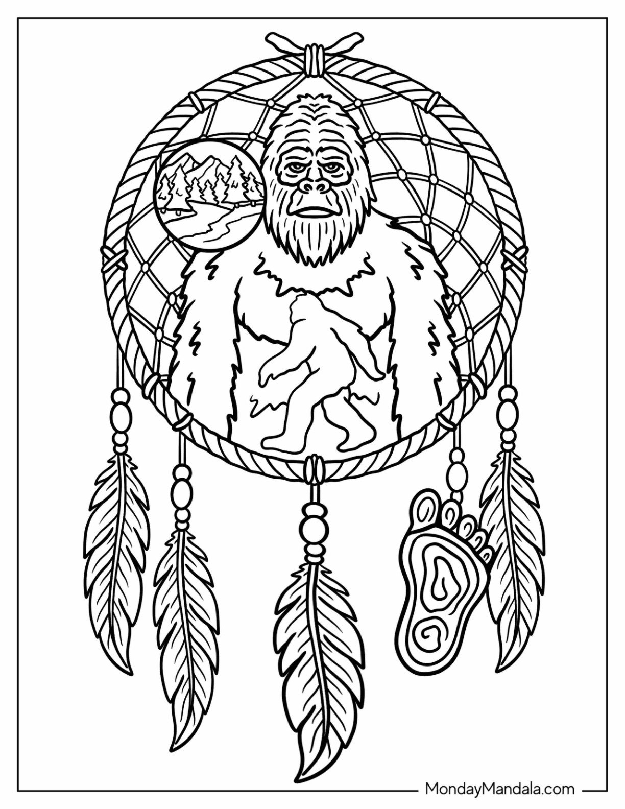 Bigfoot And Yeti Coloring Page of Hairy Bigfoot Dreamcatcher with Beads and Feathers