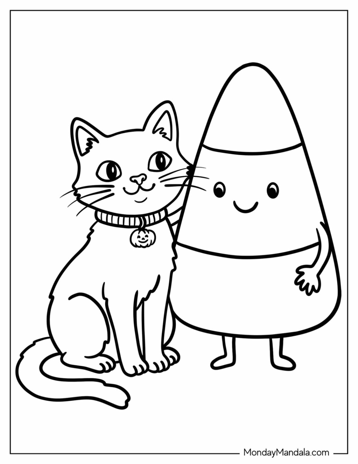 Halloween Cat Next to a Candy Corn Coloring Sheet for Preschoolers