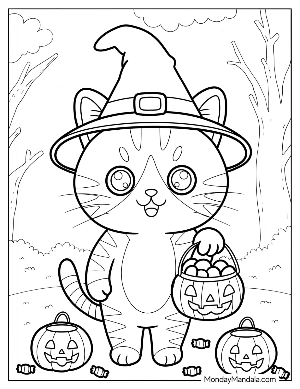 Halloween Cat Coloring Page Trick or Treating in Witch Hat for Preschoolers