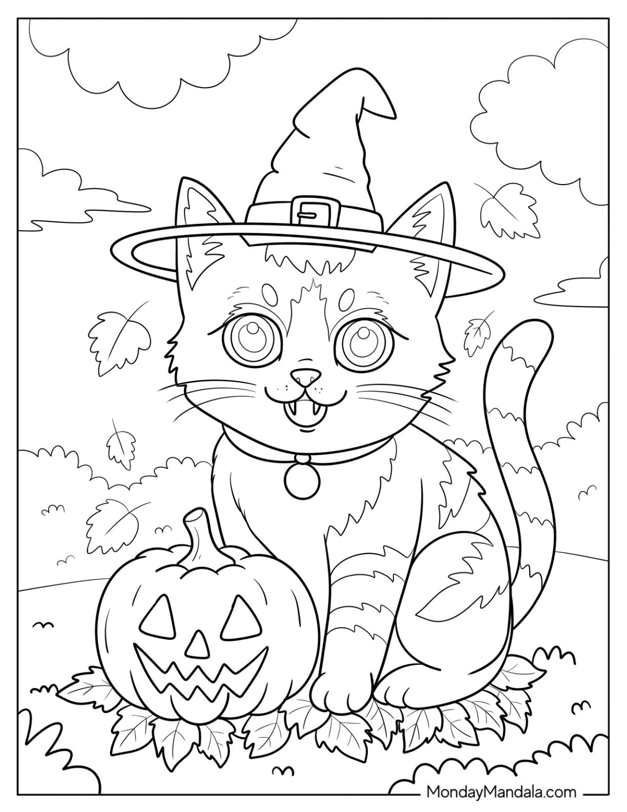 Halloween Cat Coloring Page Wearing Witch Hat with Jack o’ Lantern for Kids