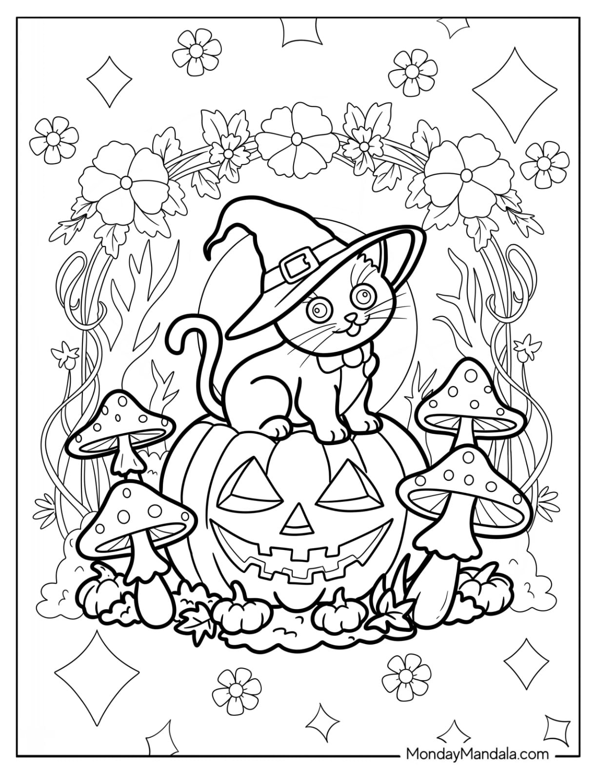 Halloween Cat Coloring Page in Witch Hat Sitting on a Jack o Lantern in Mushroom Forest