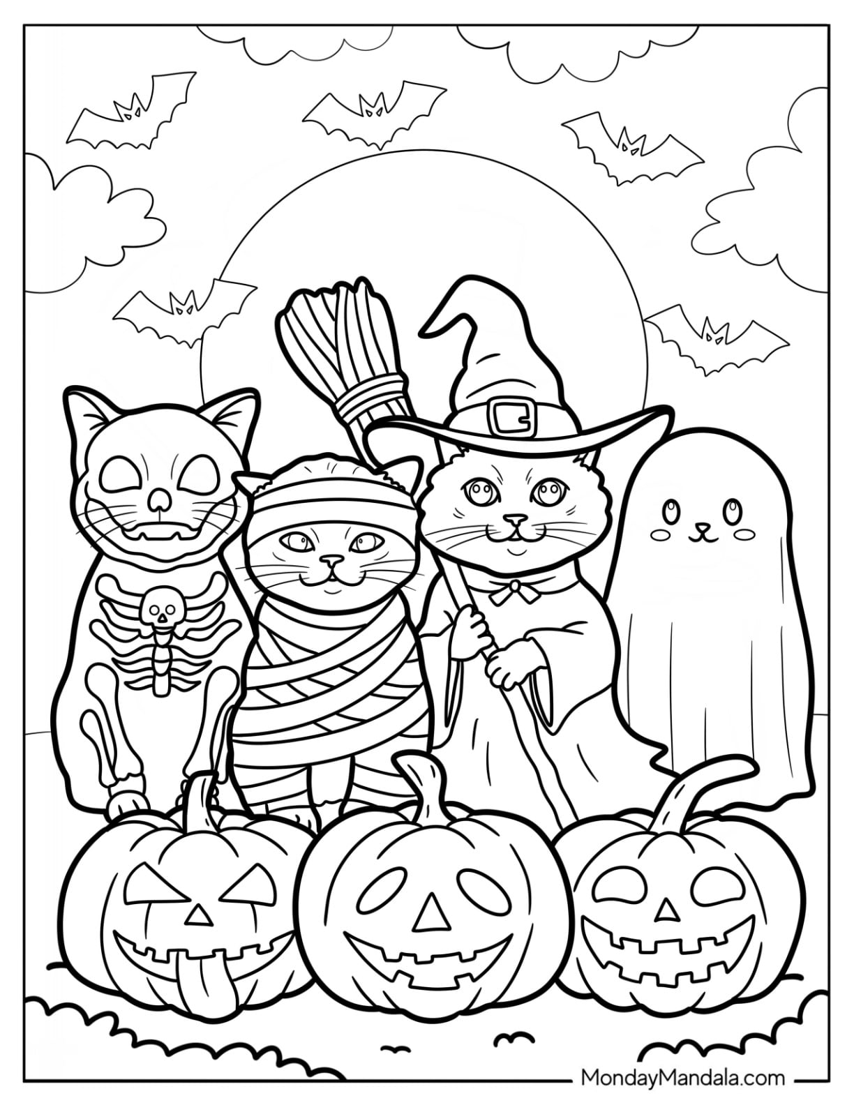 Halloween Cat Coloring Page in Costumes with Jack o Lanterns and Bats in the Sky for Kids