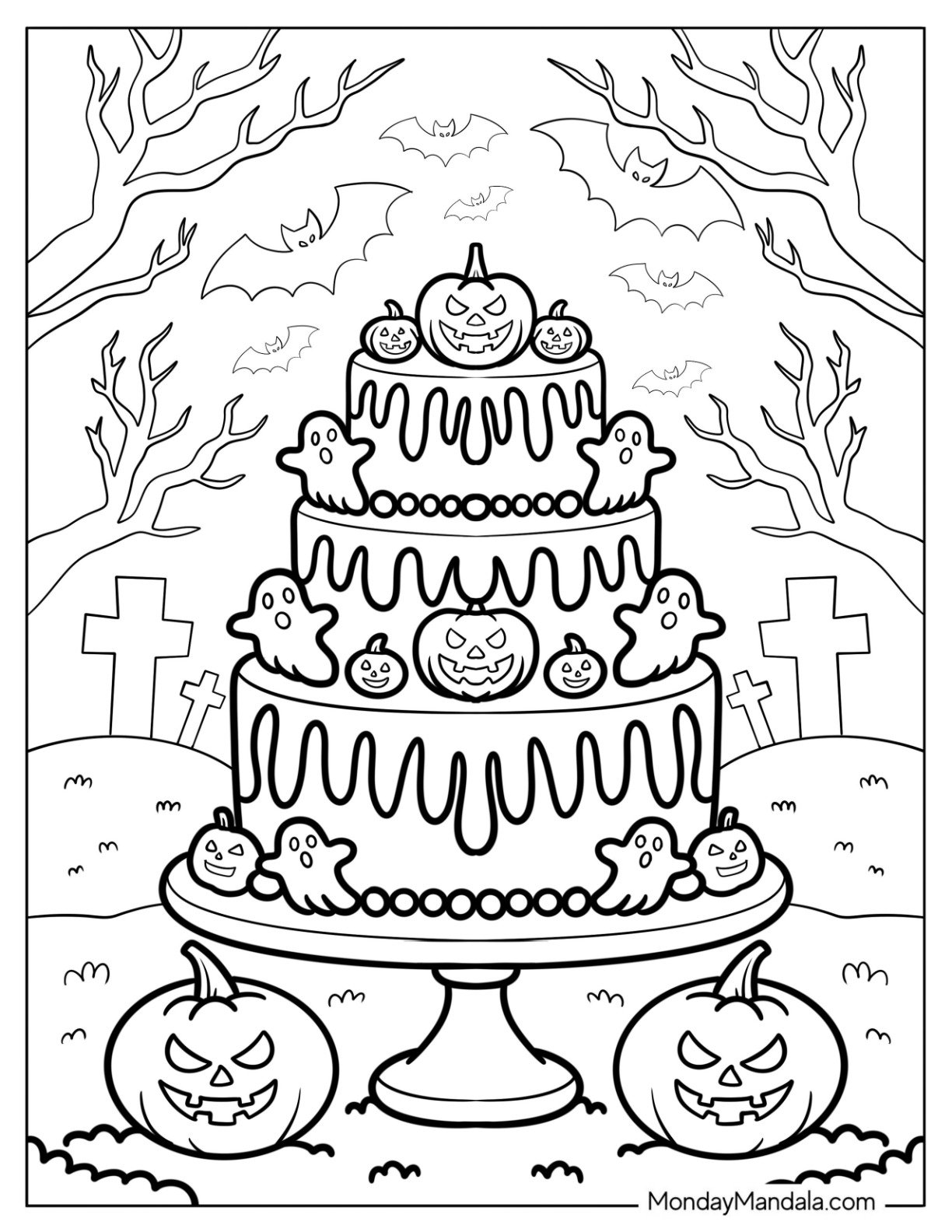 Halloween Tiered Cake Coloring Page with Ghosts and Jack o Lanterns in Haunted Forest