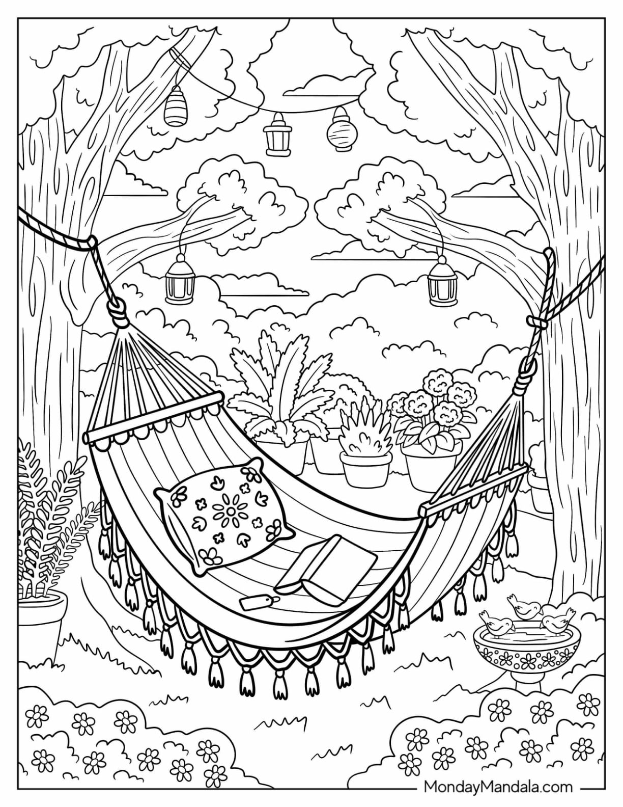 Hammock with Throw Pillow, Book, Hanging Lanterns Coloring Sheet for Adults