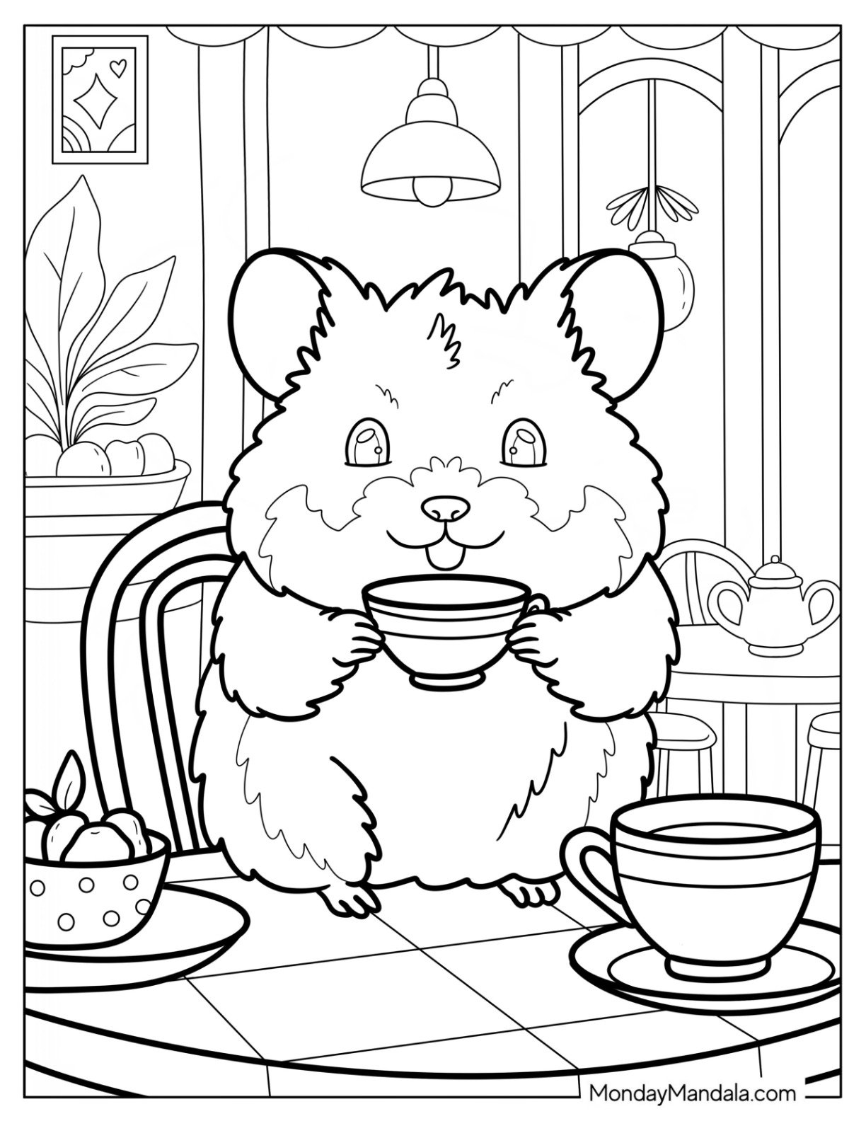 Hamster Coloring Page Drinking Tea at a Cozy Café Table with Fruit and Plants