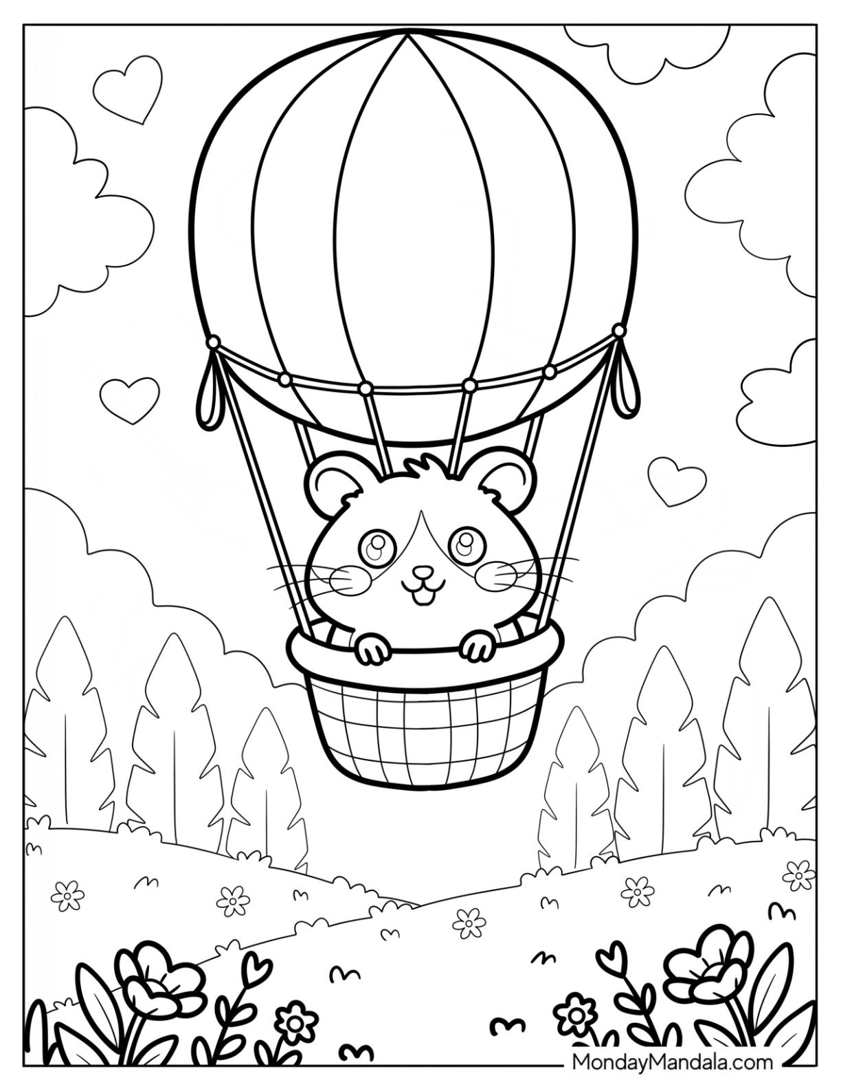 Hamster Coloring Page Floating in a Hot Air Balloon Above a Flower Meadow