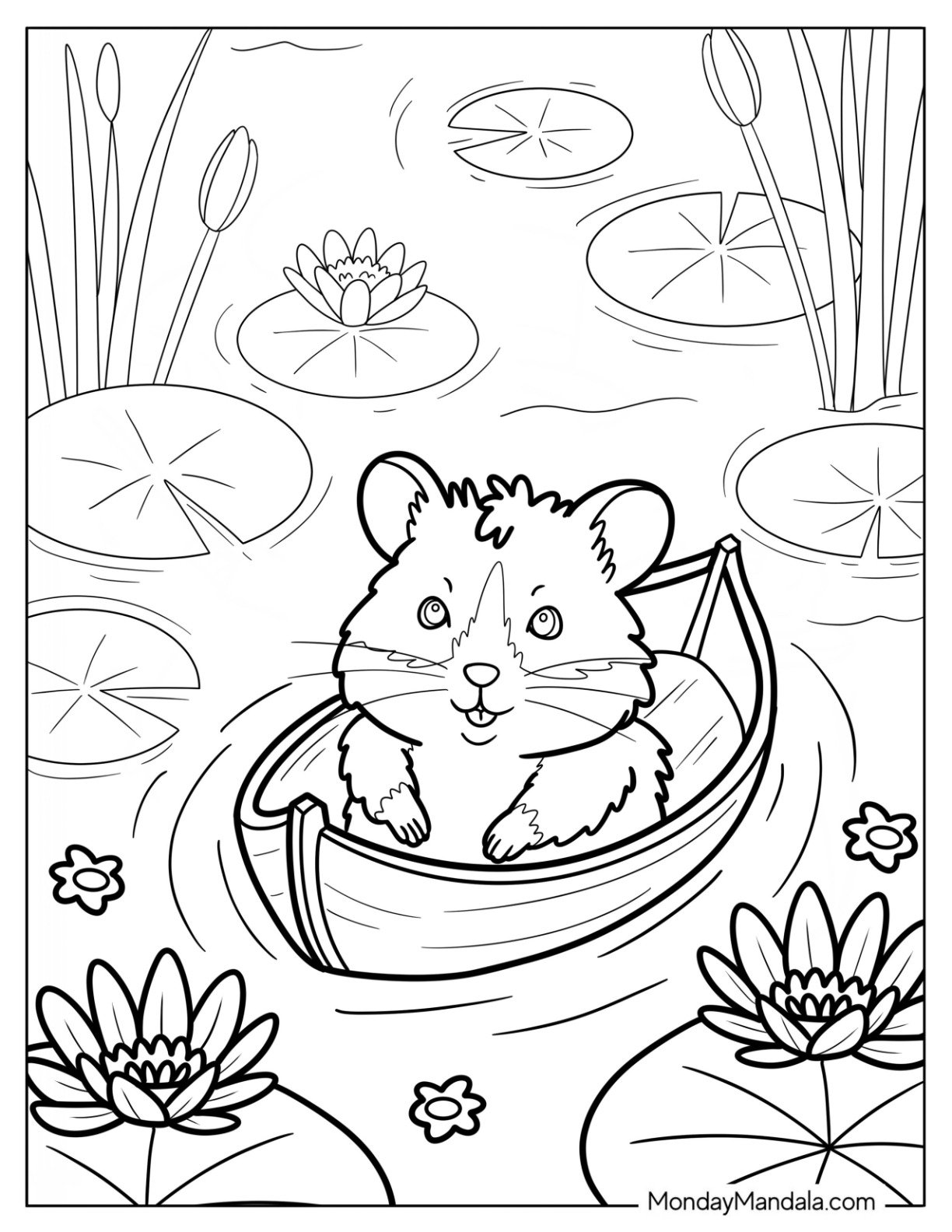 Hamster Coloring Page Floating in a Wooden Boat Among Lily Pads and Lotus Flowers