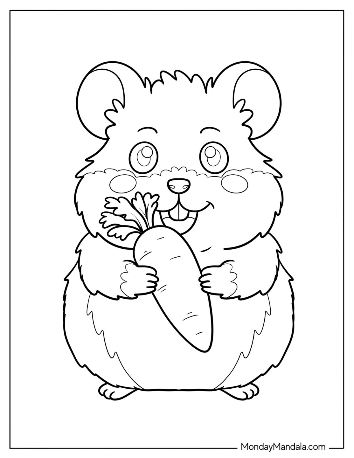 Hamster Coloring Page Holding a Carrot with a Big Smile for Preschoolers