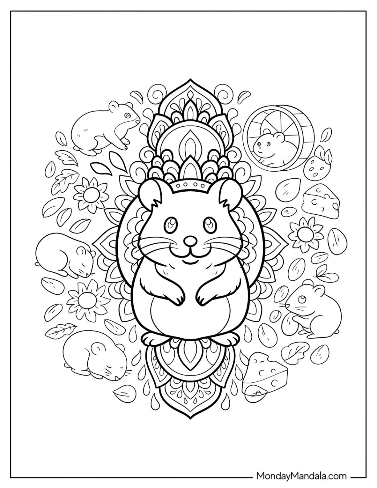 Hamster Coloring Page Nestling in a Floral Mandala Surrounded by Cheese, Flowers, and Mini Hamsters